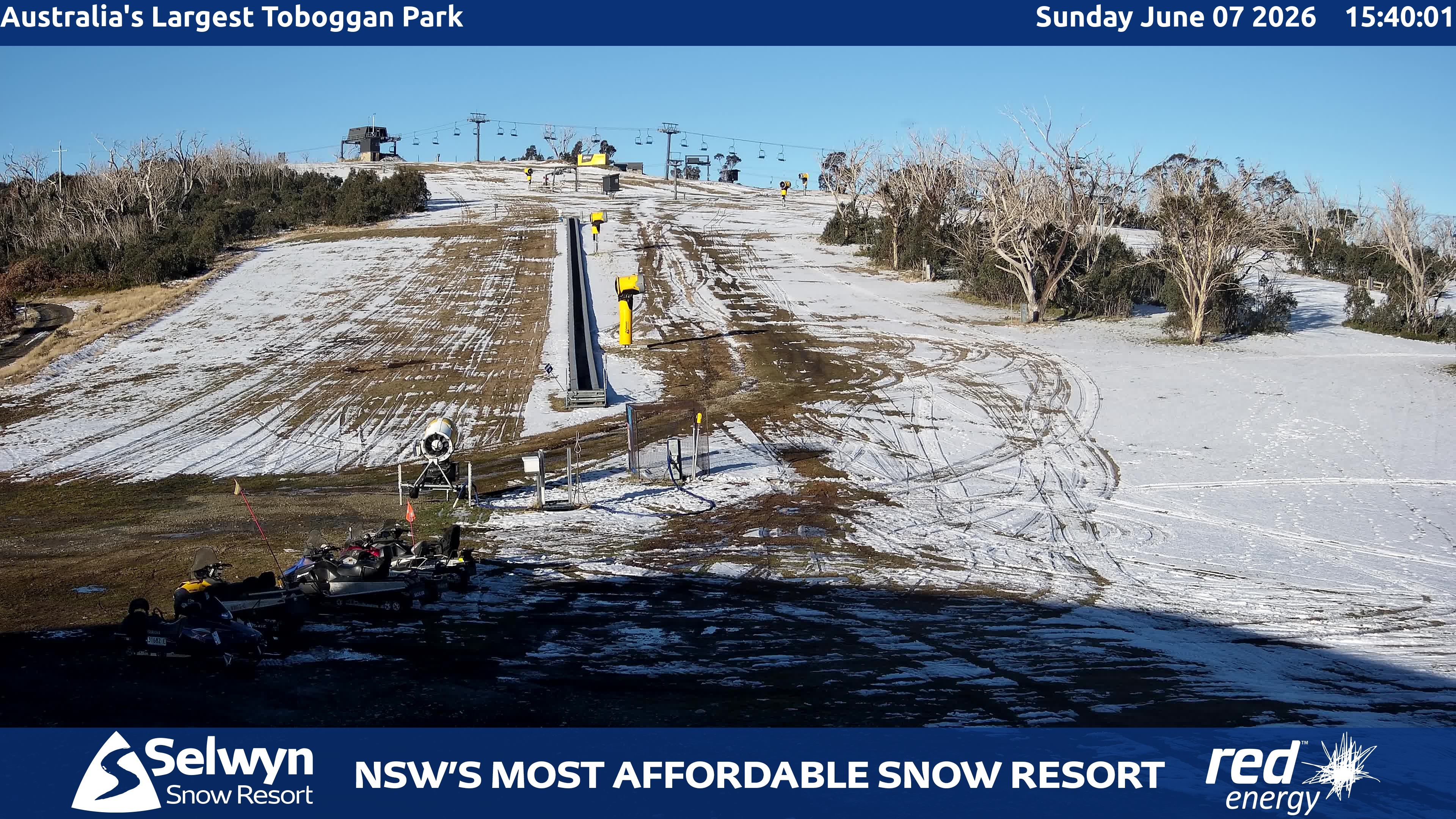 Selwyn Snow Resort Toboggan Park snow cam captured at 7 June 2026, 5:42 am