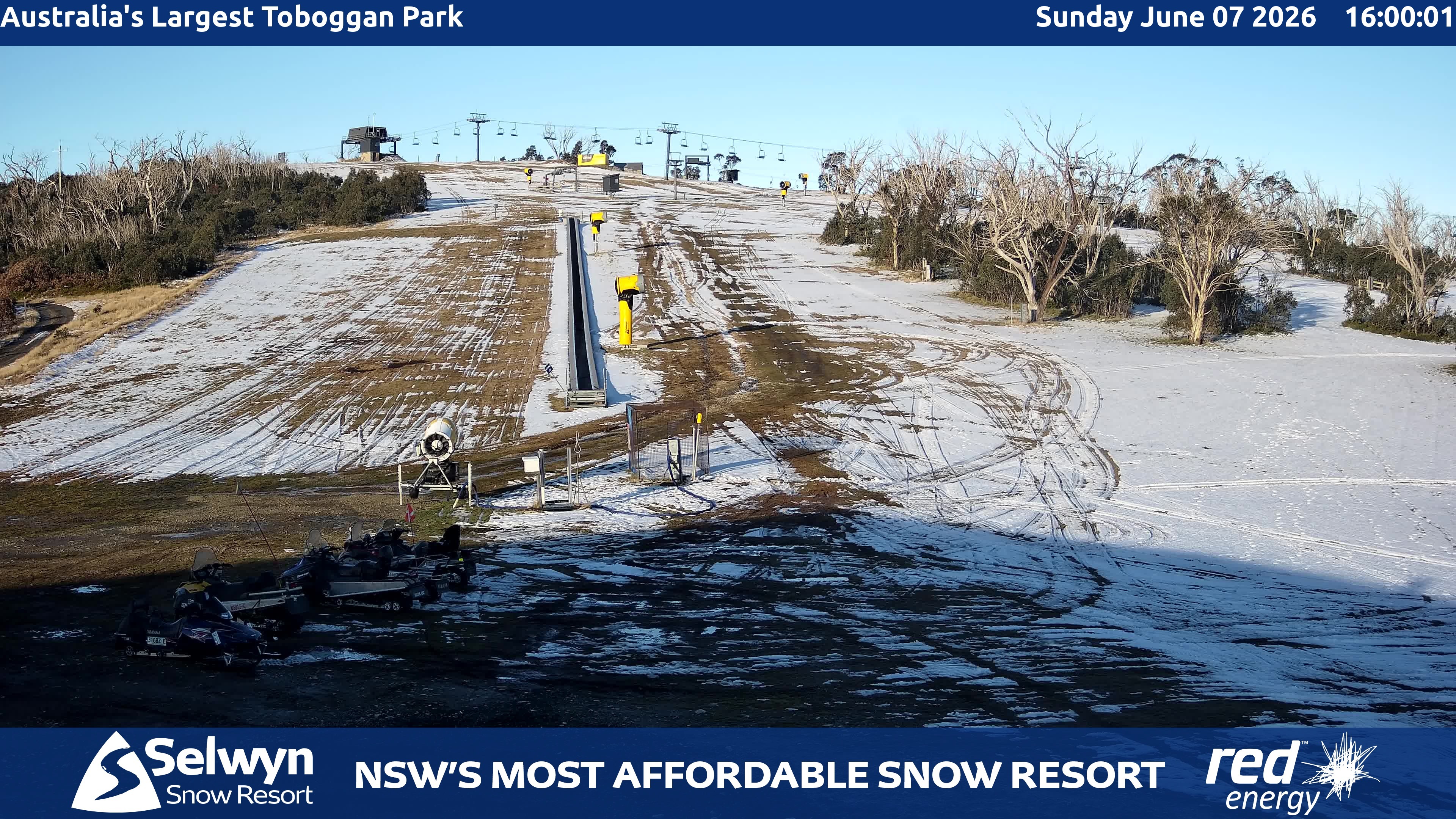 Selwyn Snow Resort Toboggan Park snow cam captured at 7 June 2026, 6:04 am