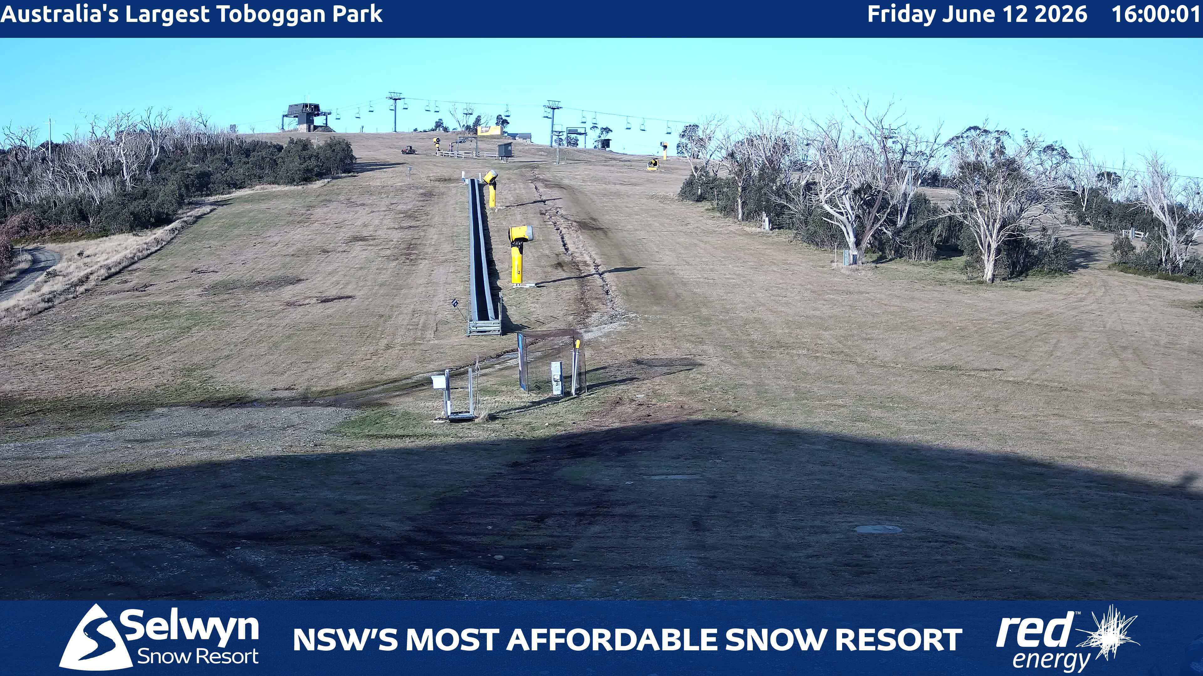 Selwyn Snow Resort Toboggan Park snow cam captured at 12 June 2026, 6:01 am