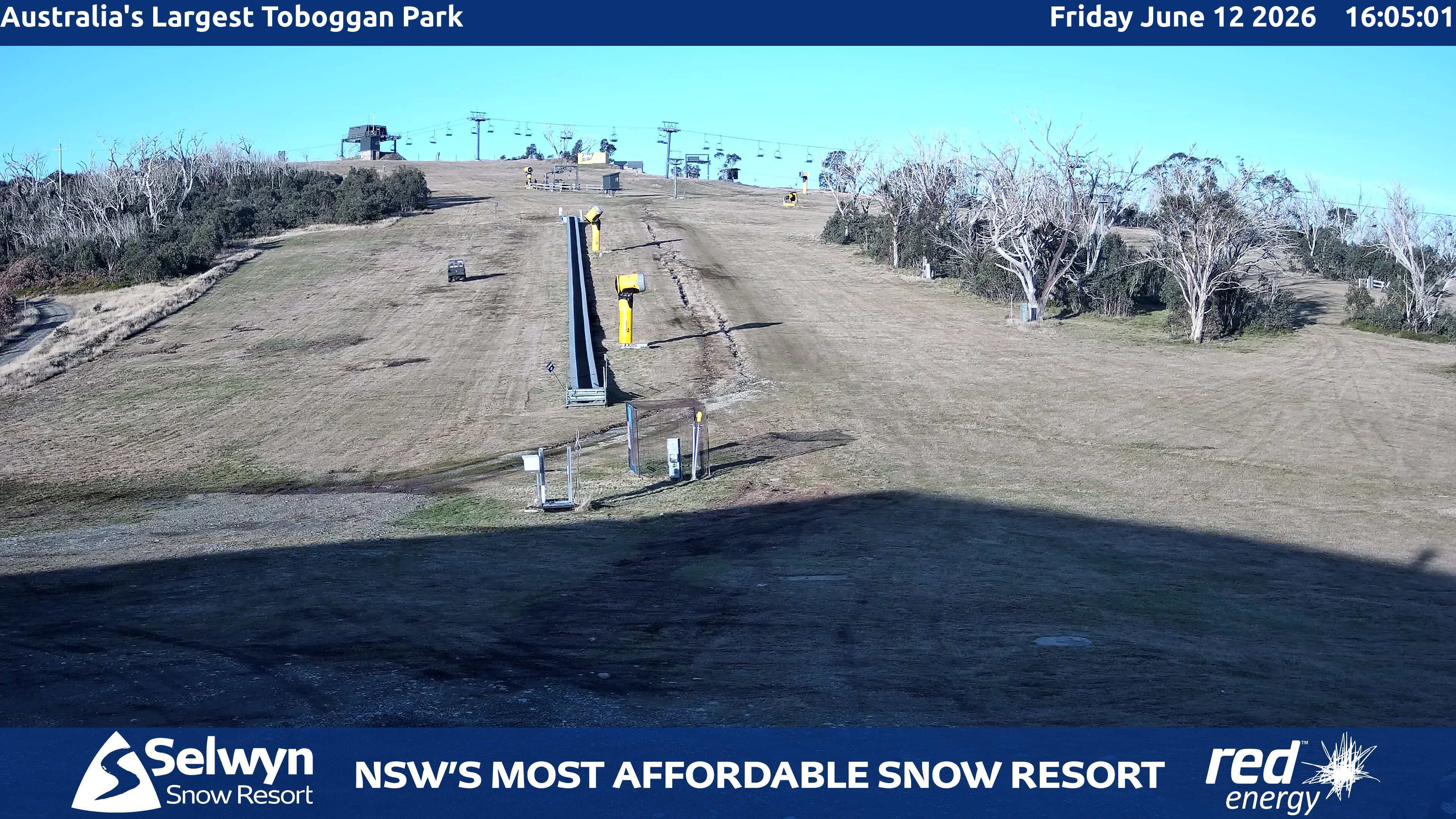 Selwyn Snow Resort Toboggan Park snow cam captured at 12 June 2026, 6:07 am