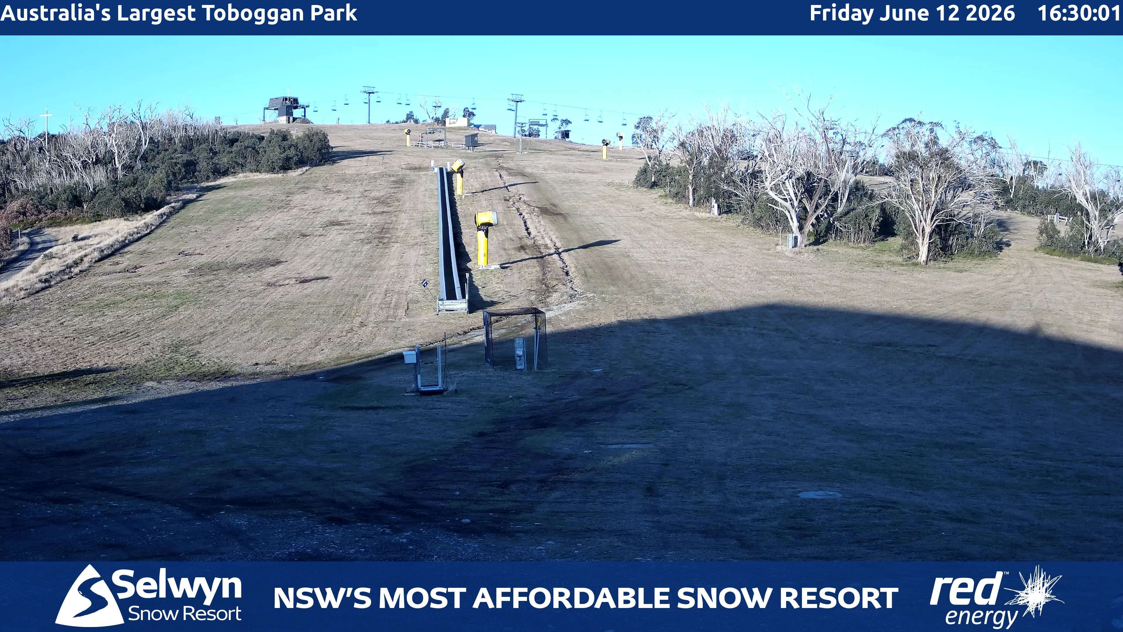 Selwyn Snow Resort Toboggan Park snow cam captured at 12 June 2026, 6:31 am