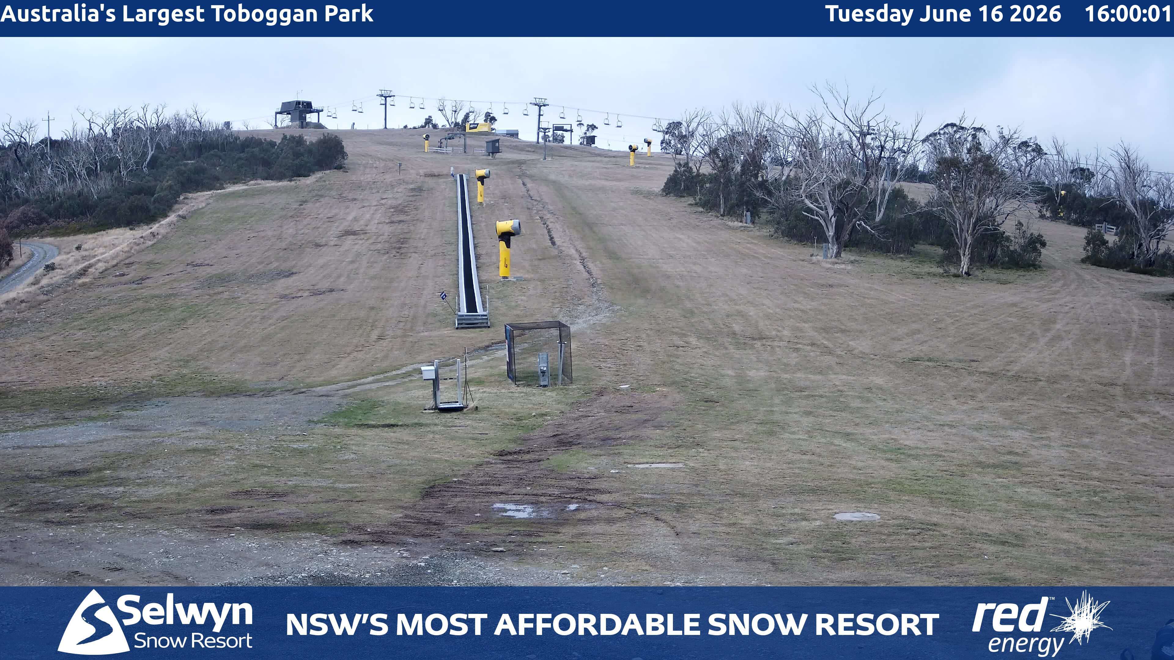 Selwyn Snow Resort Toboggan Park snow cam captured at 16 June 2026, 6:00 am