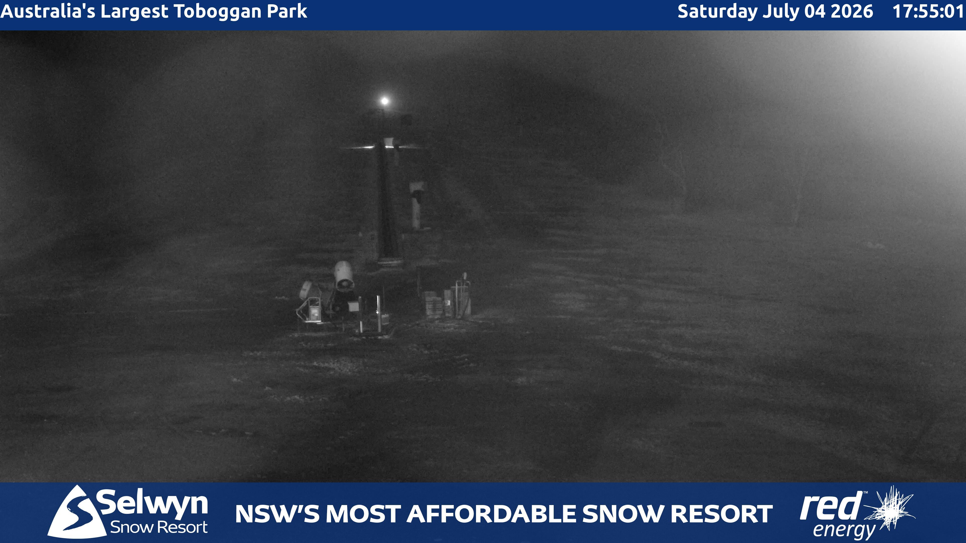 Selwyn Snow Resort Toboggan Park snow cam captured at 4 July 2026 at 6:01 pm AEST