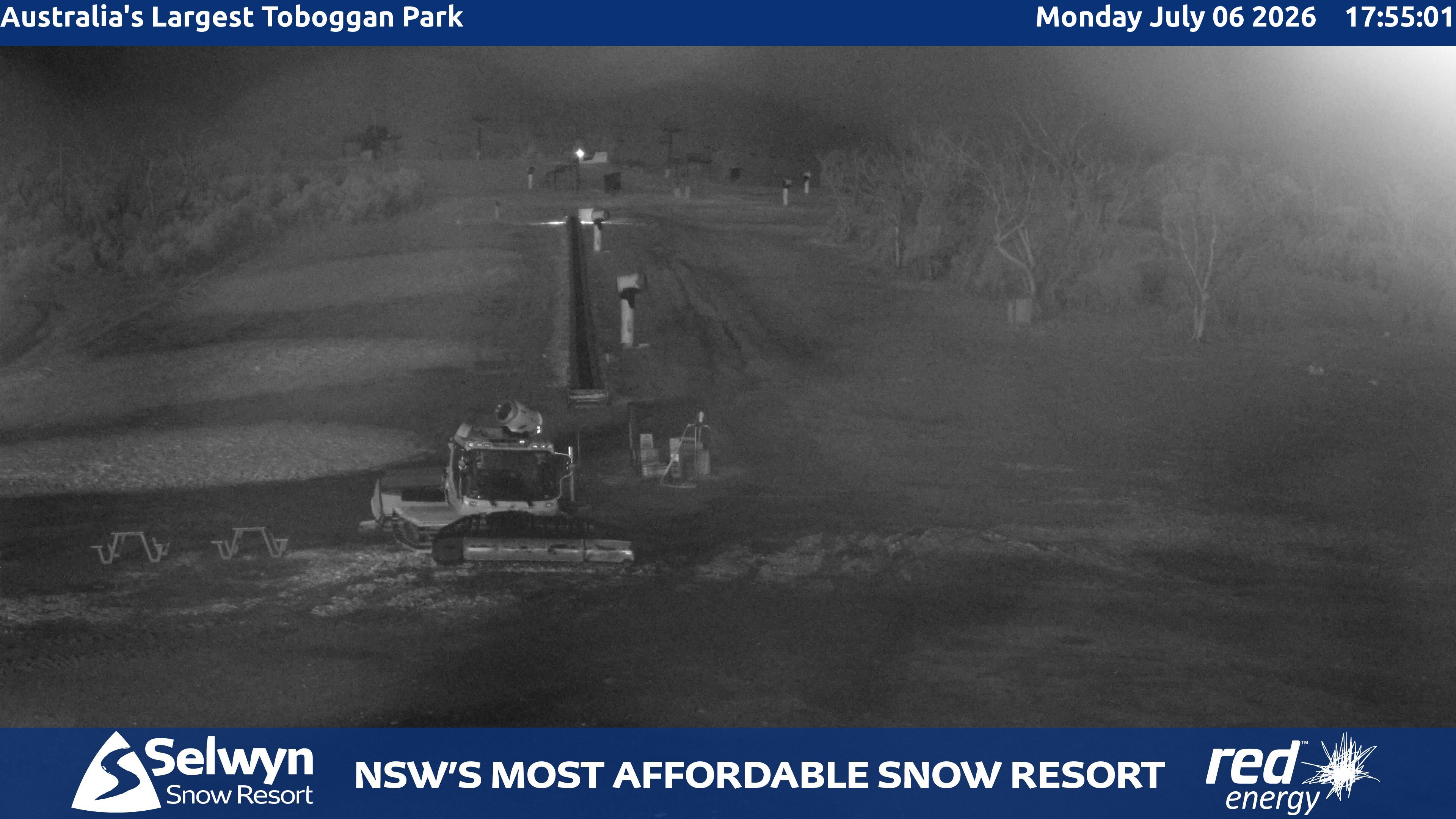 Selwyn Snow Resort Toboggan Park snow cam captured at 6 July 2026 at 6:03 pm AEST