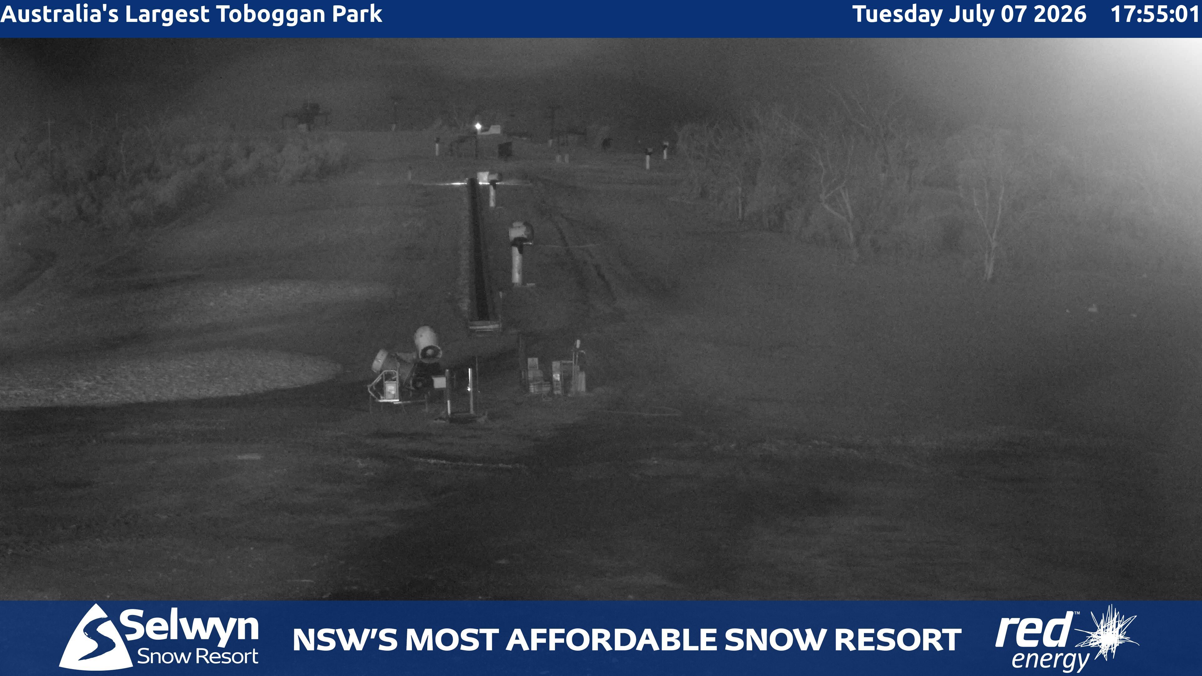Selwyn Snow Resort Toboggan Park snow cam captured at 7 July 2026 at 6:04 pm AEST