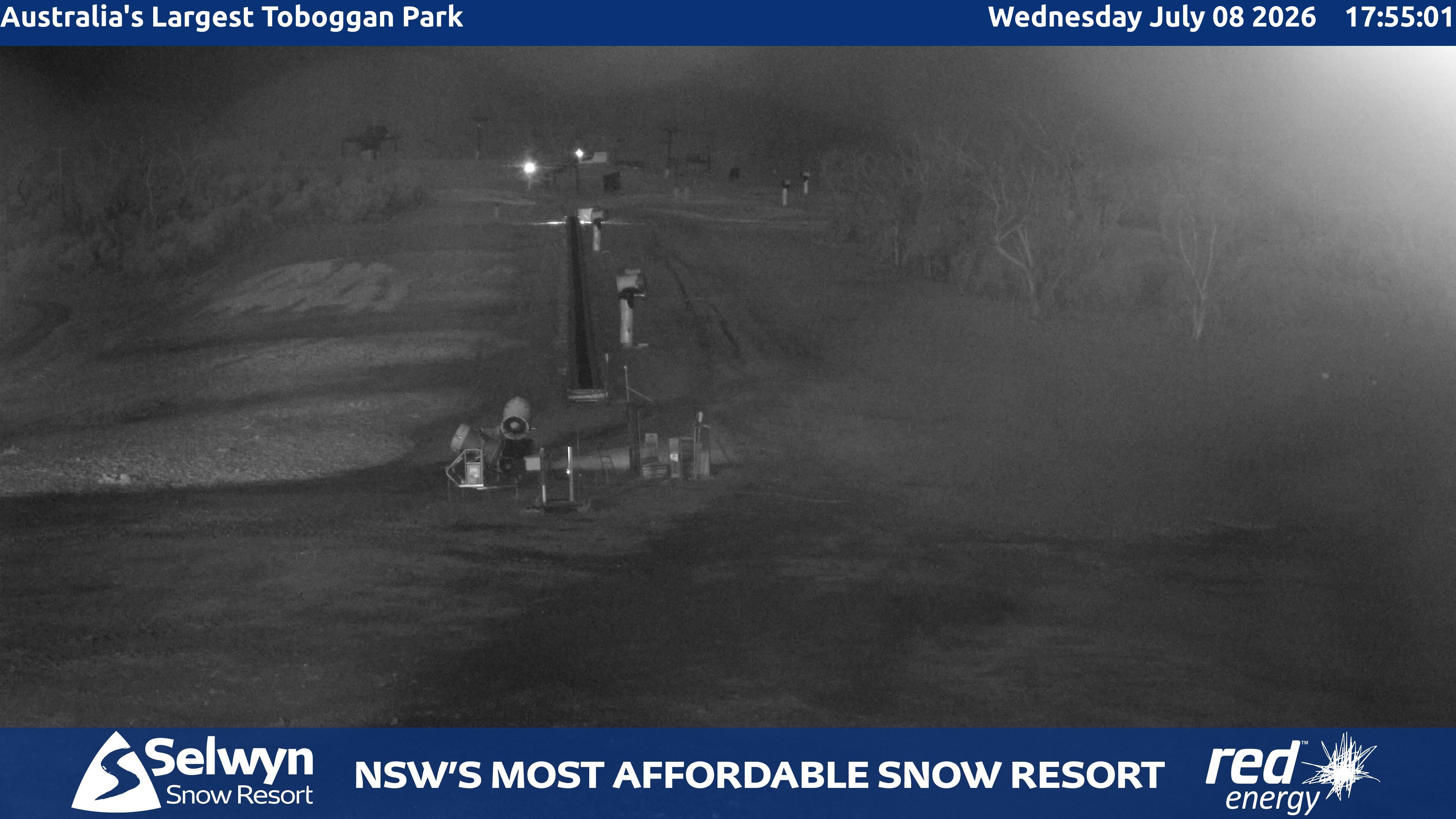Selwyn Snow Resort Toboggan Park snow cam captured at 8 July 2026 at 6:05 pm AEST
