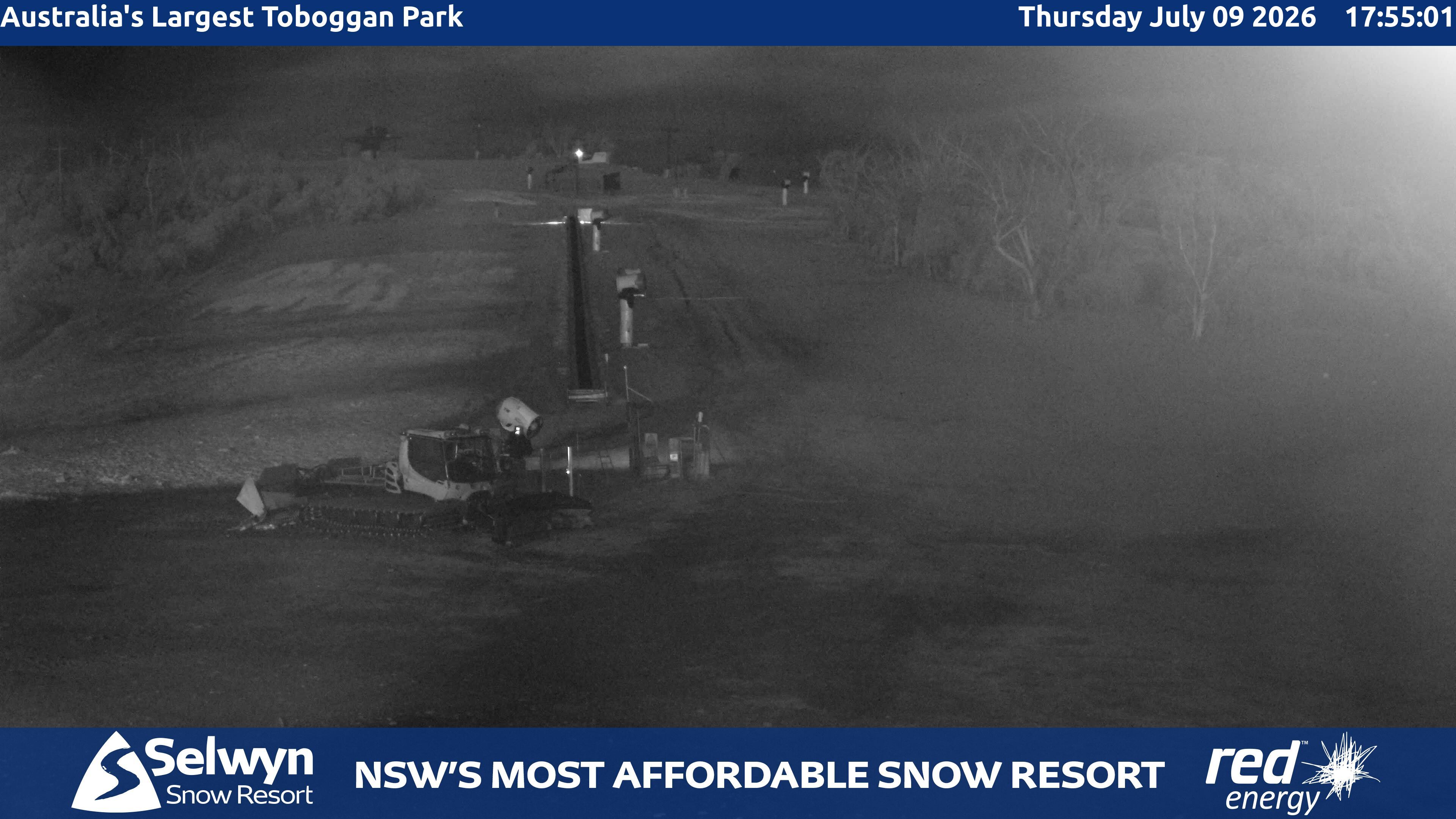 Selwyn Snow Resort Toboggan Park snow cam captured at 9 July 2026 at 6:06 pm AEST