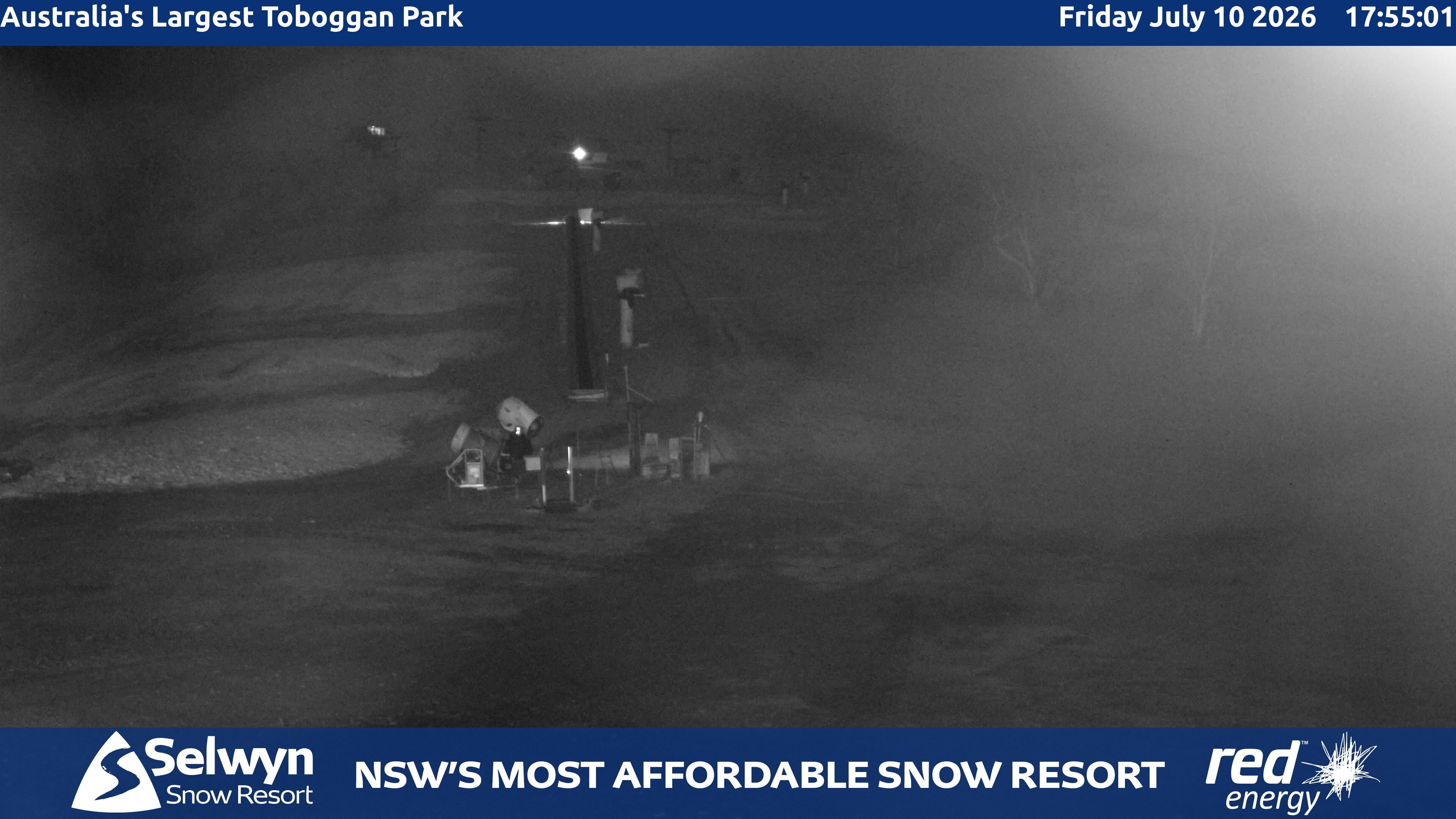 Selwyn Snow Resort Toboggan Park snow cam captured at 10 July 2026 at 5:56 pm AEST
