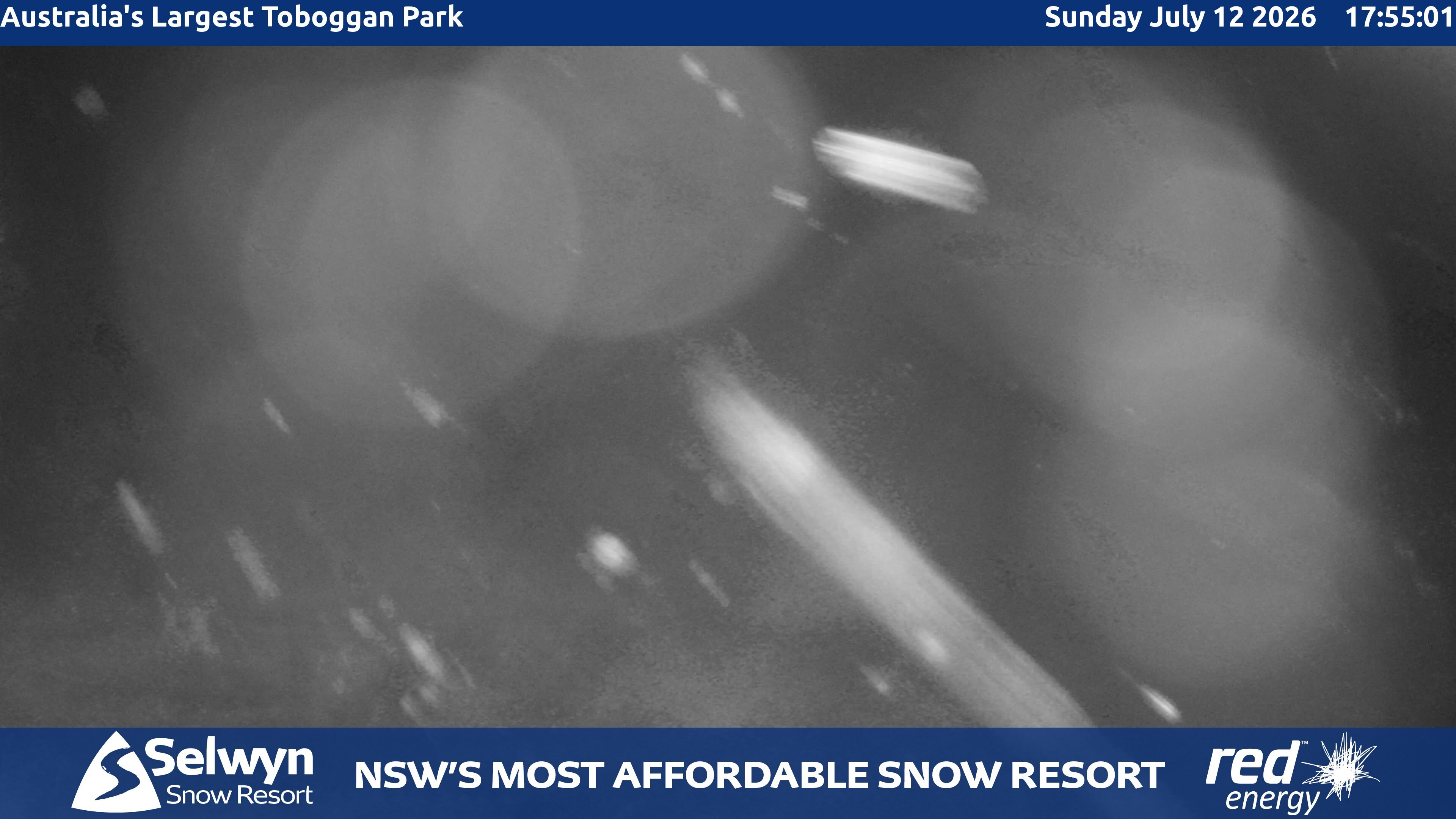 Selwyn Snow Resort Toboggan Park snow cam captured at 12 July 2026 at 6:04 pm AEST