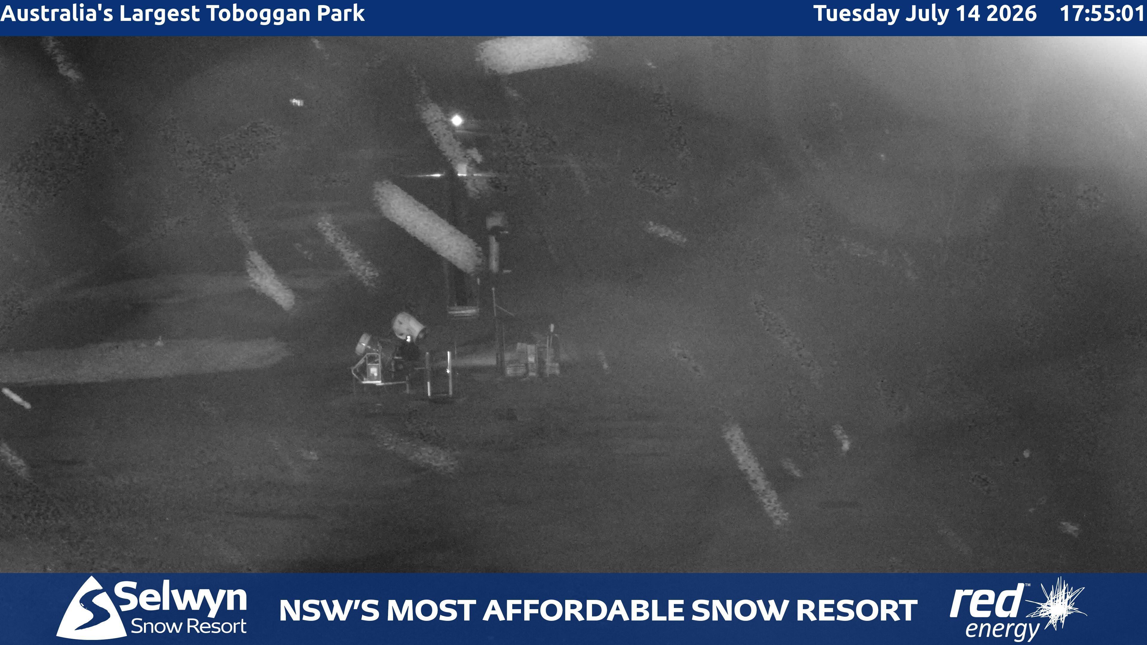 Selwyn Snow Resort Toboggan Park snow cam captured at 14 July 2026 at 6:01 pm AEST