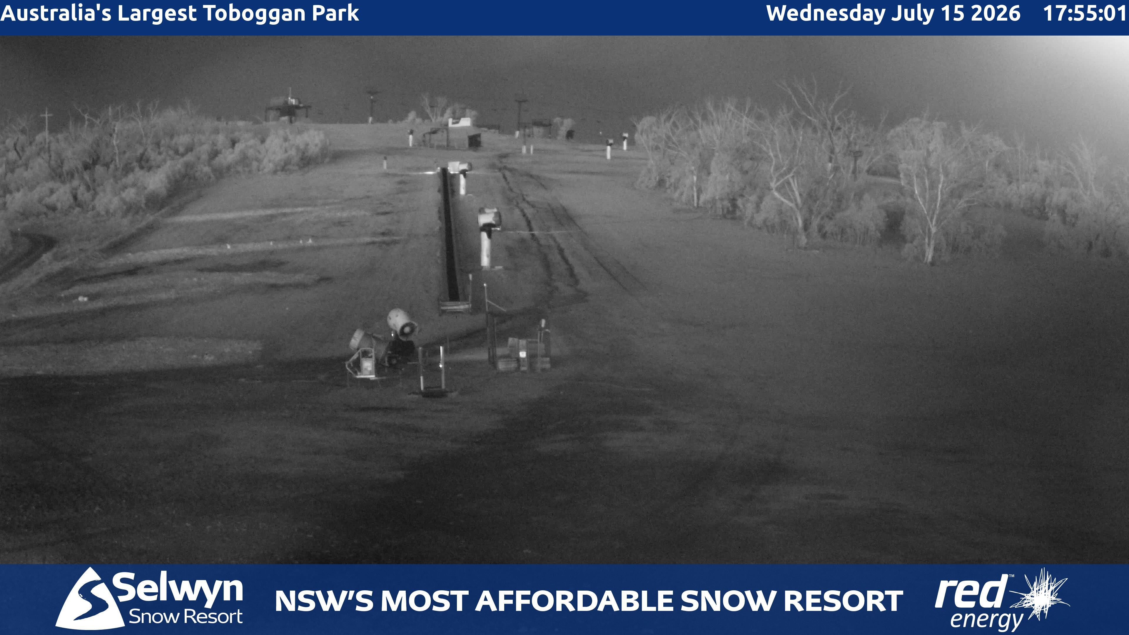Selwyn Snow Resort Toboggan Park snow cam captured at 15 July 2026 at 6:02 pm AEST