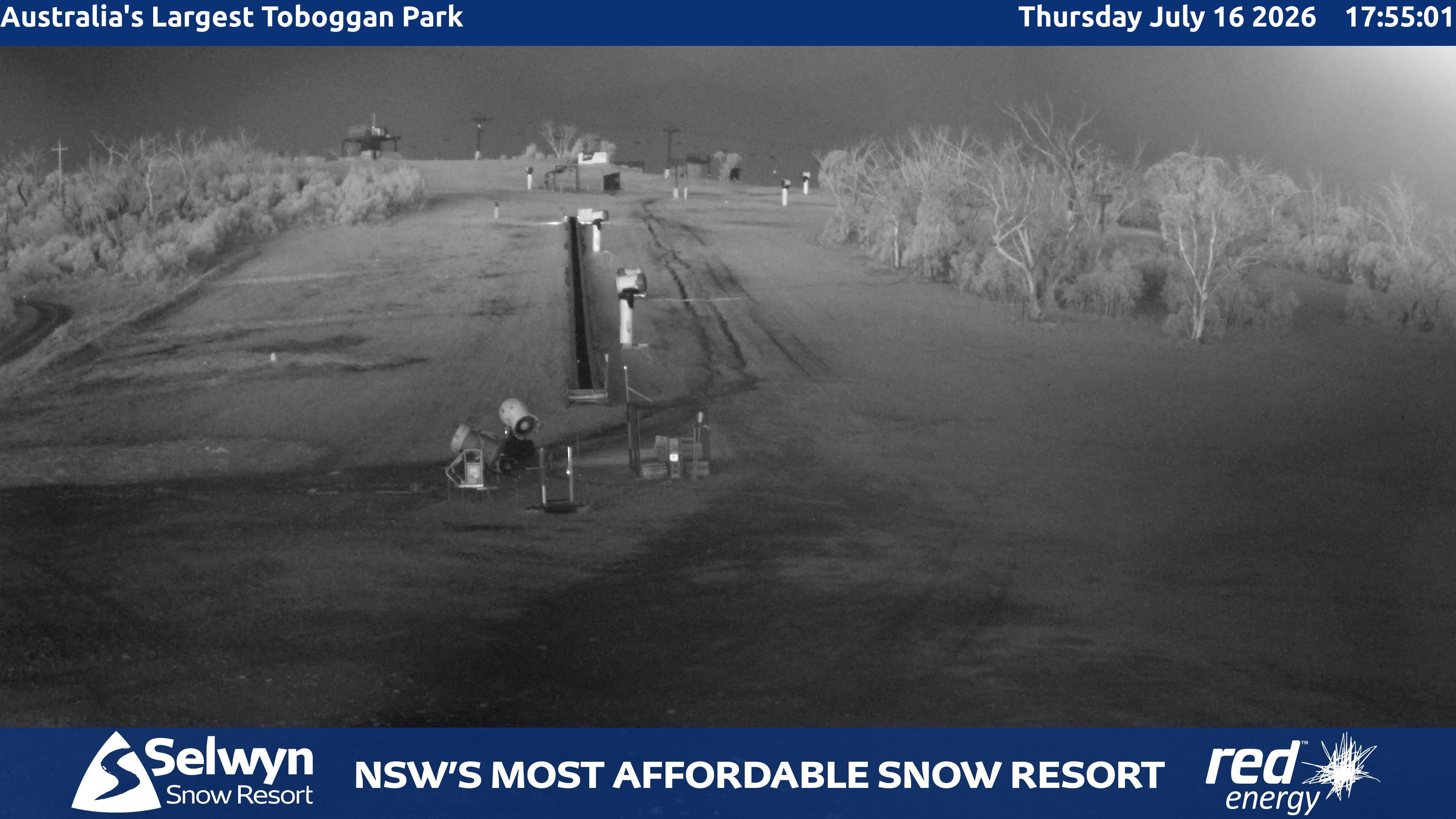 Selwyn Snow Resort Toboggan Park snow cam captured at 16 July 2026 at 6:03 pm AEST