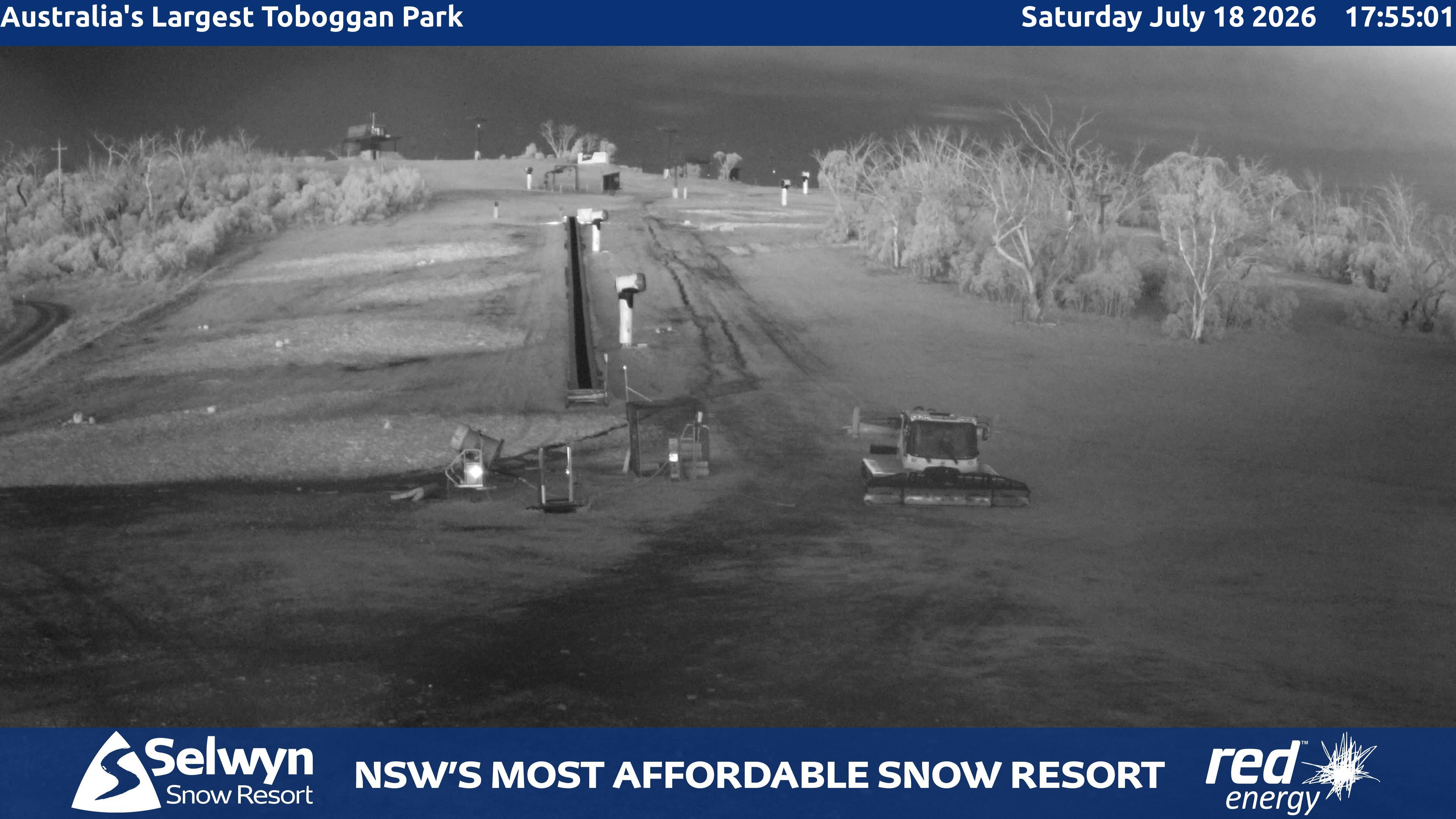 Selwyn Snow Resort Toboggan Park snow cam captured at 18 July 2026 at 6:05 pm AEST