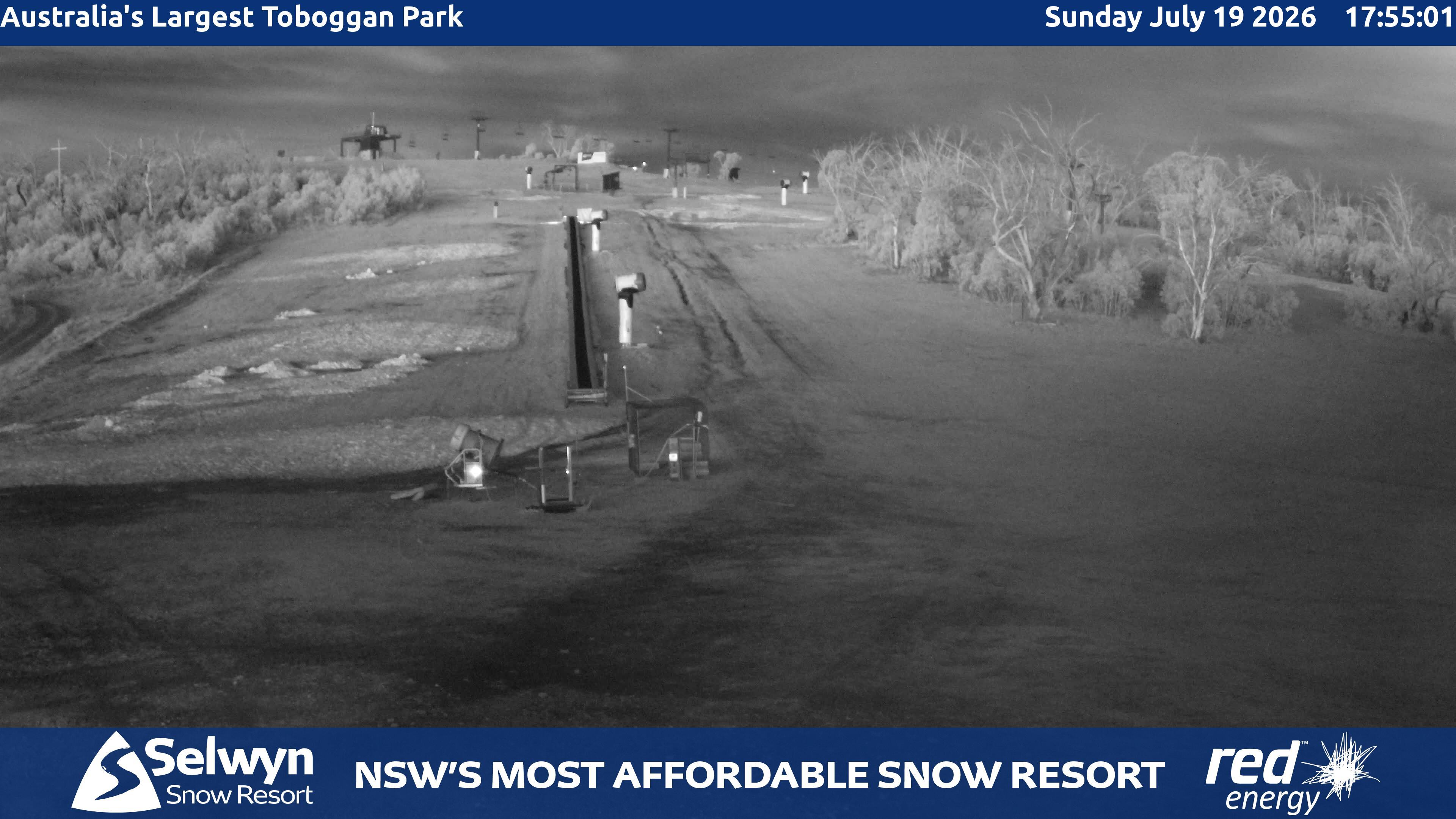 Selwyn Snow Resort Toboggan Park snow cam captured at 19 July 2026 at 5:55 pm AEST