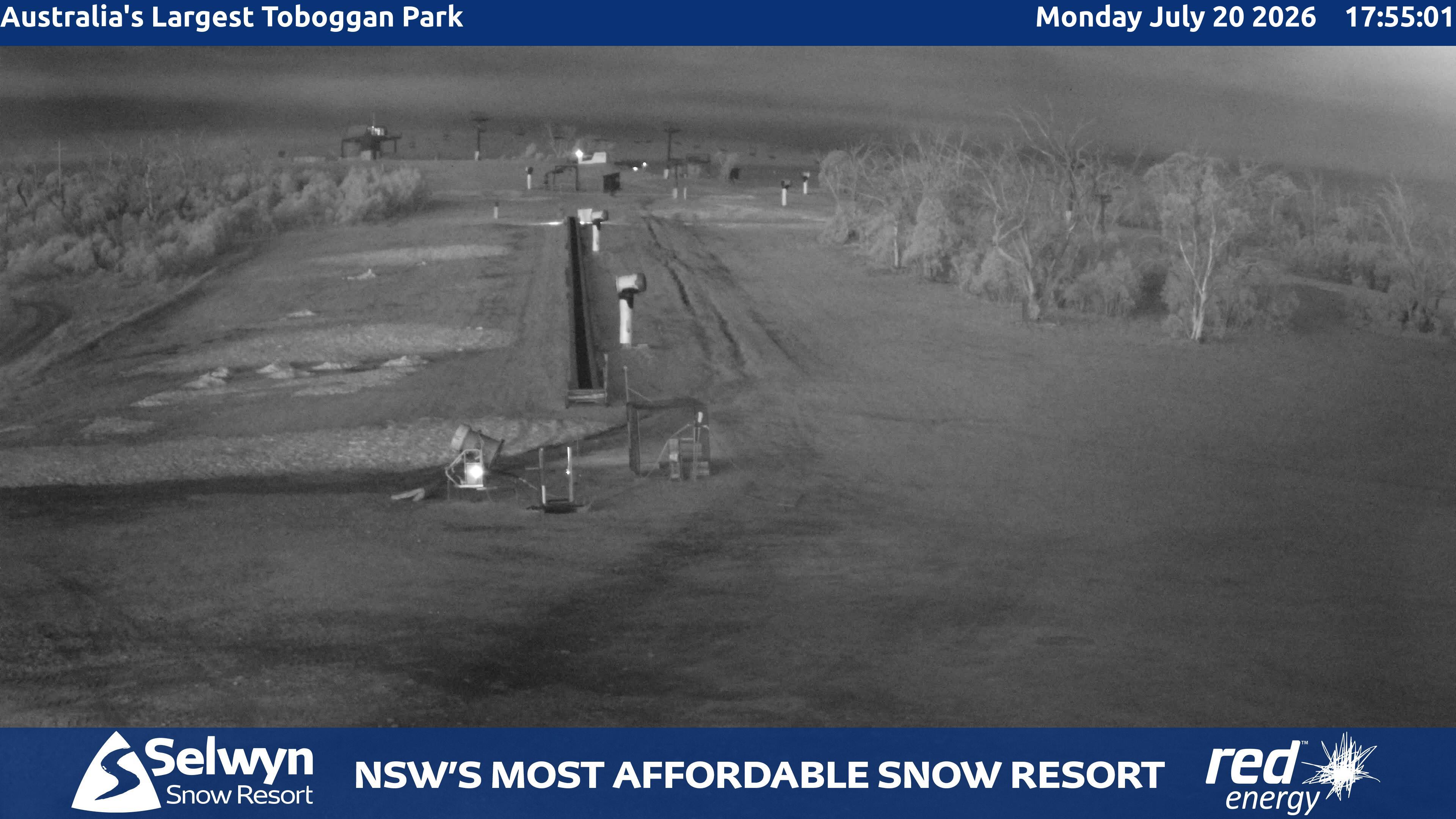 Selwyn Snow Resort Toboggan Park snow cam captured at 20 July 2026 at 5:57 pm AEST