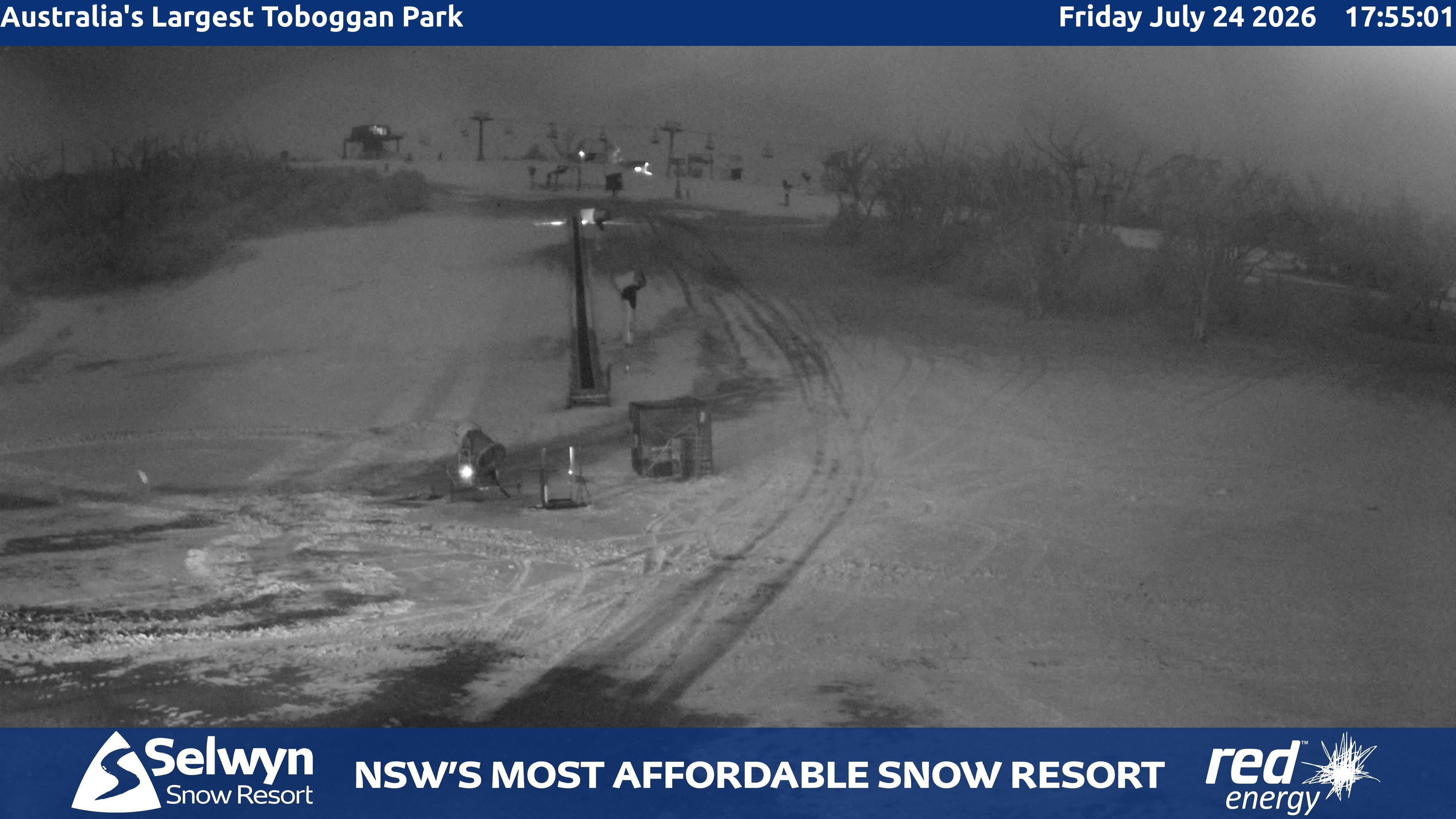 Selwyn Snow Resort Toboggan Park snow cam captured at 24 July 2026 at 6:03 pm AEST