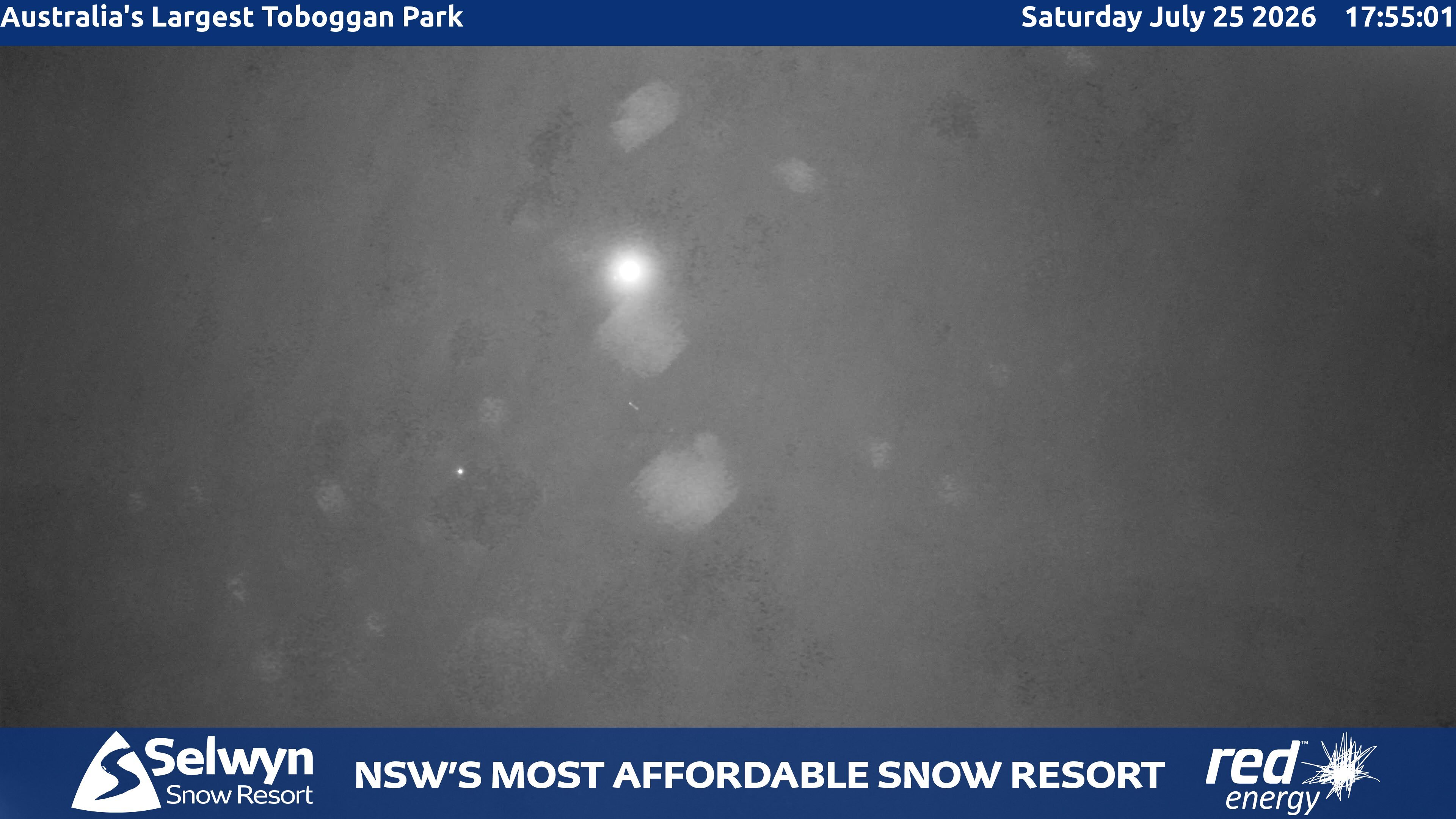 Selwyn Snow Resort Toboggan Park snow cam captured at 25 July 2026 at 6:04 pm AEST