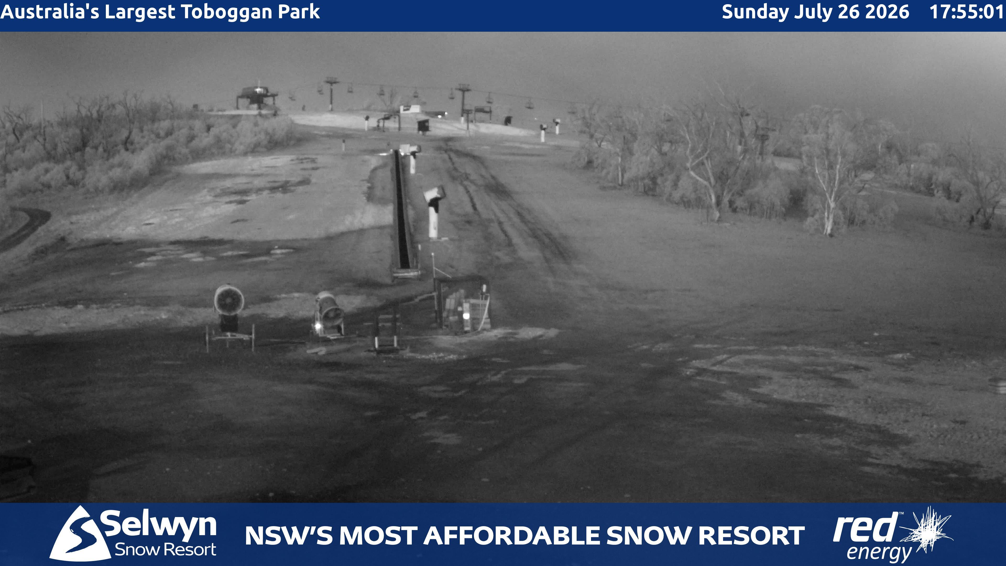 Selwyn Snow Resort Toboggan Park snow cam captured at 26 July 2026 at 6:05 pm AEST