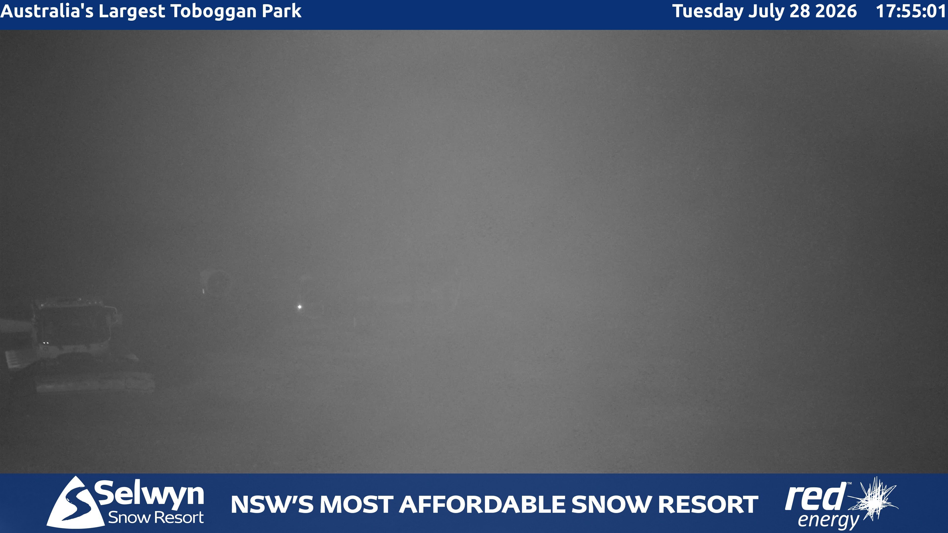 Selwyn Snow Resort Toboggan Park snow cam captured at 28 July 2026 at 5:57 pm AEST