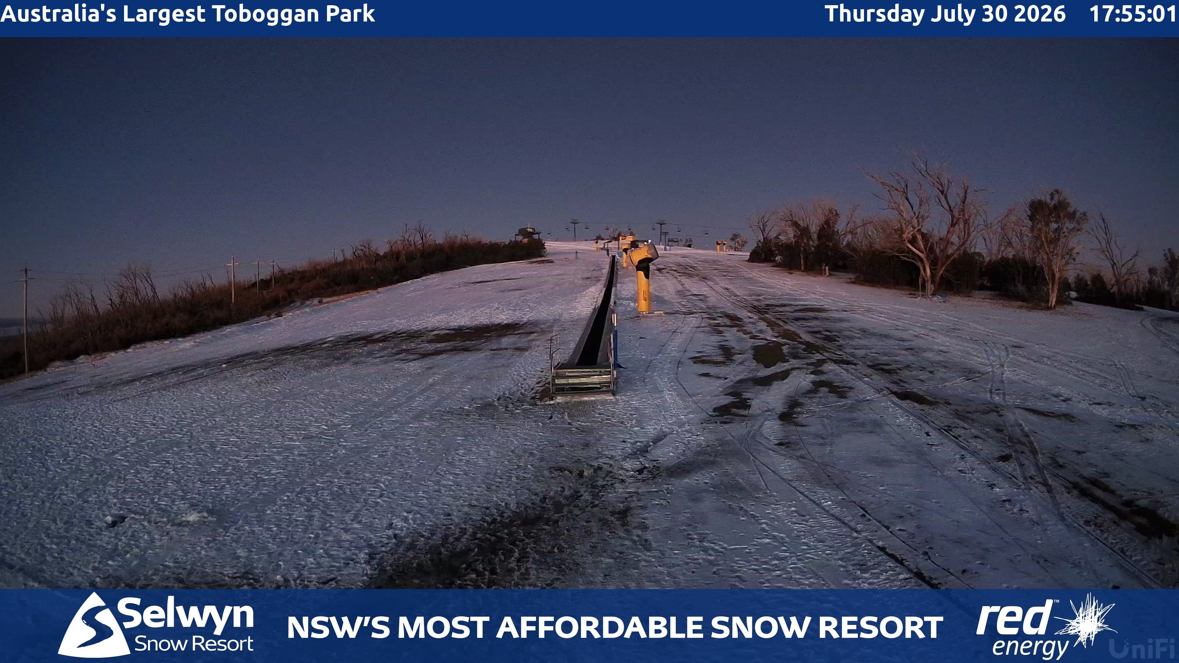 Selwyn Snow Resort Toboggan Park snow cam captured at 30 July 2026 at 5:58 pm AEST