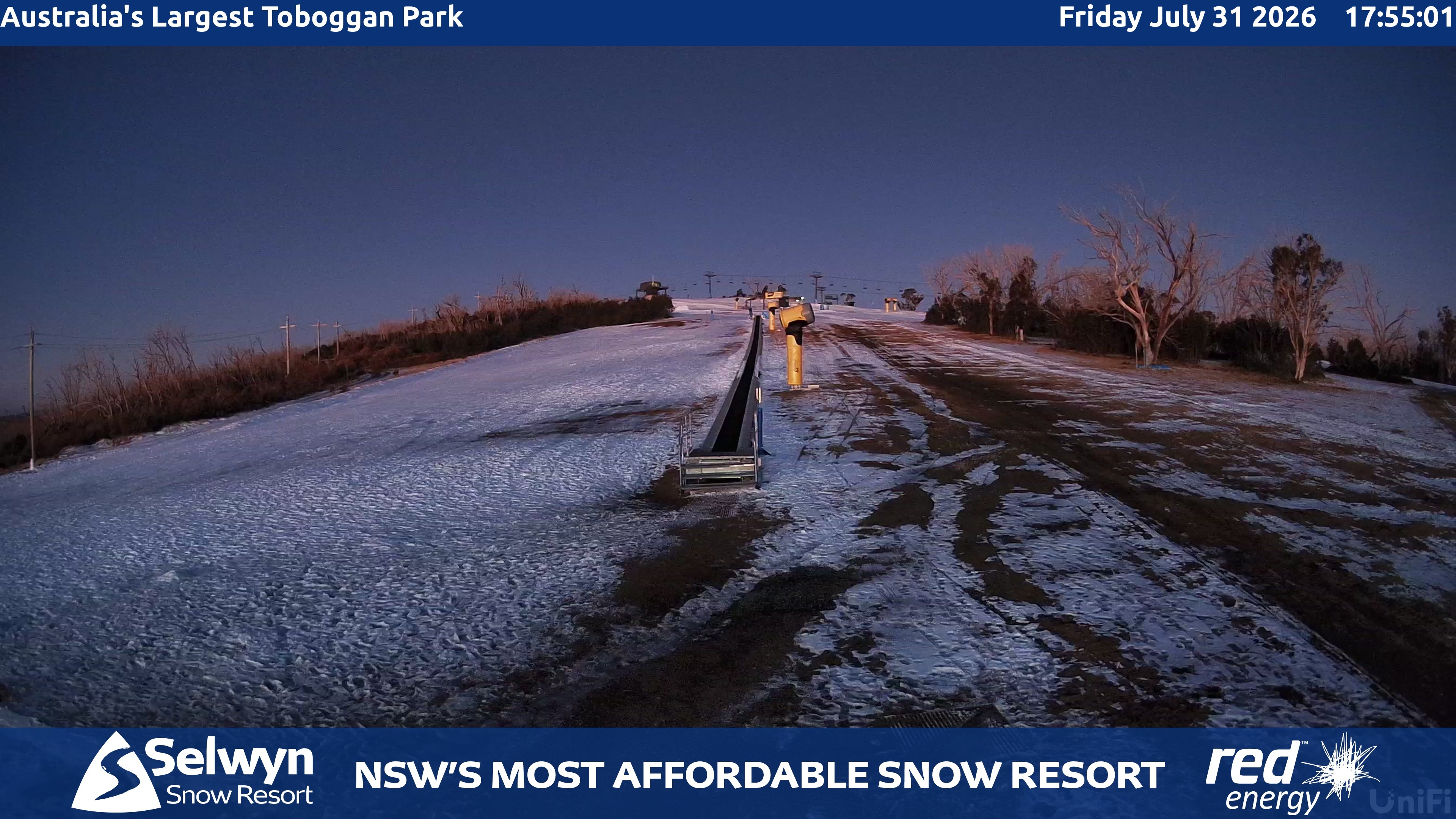 Selwyn Snow Resort Toboggan Park snow cam captured at 31 July 2026 at 5:59 pm AEST