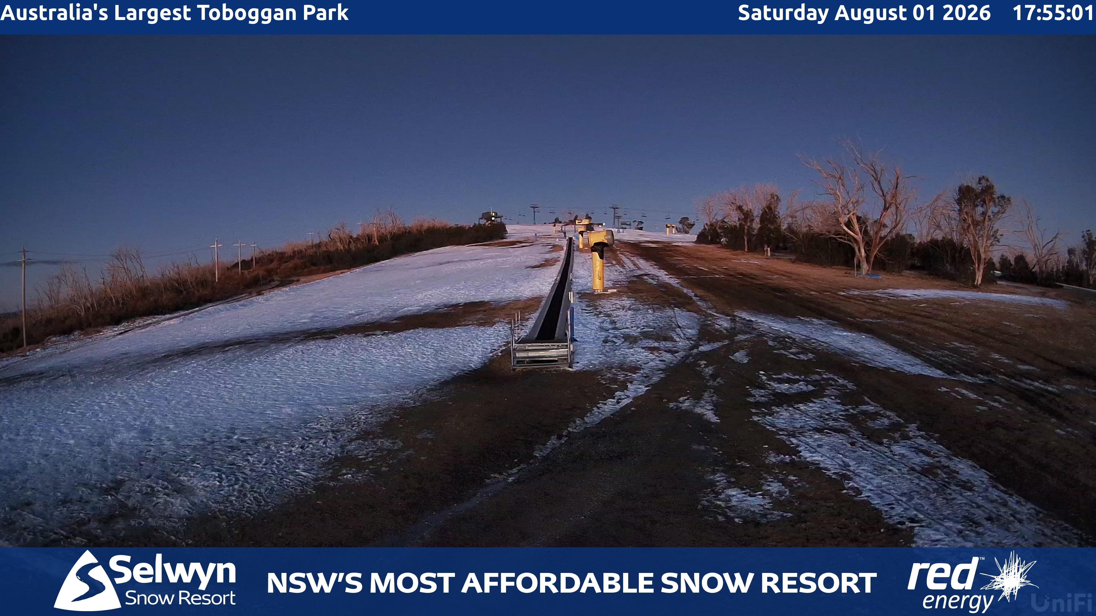 Selwyn Snow Resort Toboggan Park snow cam captured at 1 August 2026 at 6:06 pm AEST