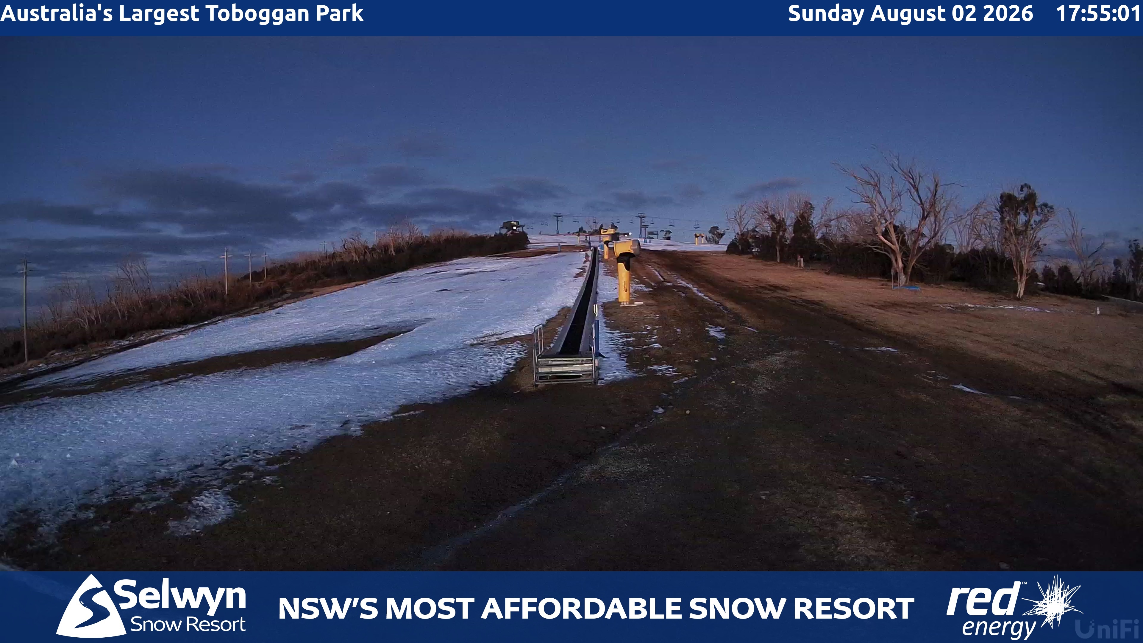 Selwyn Snow Resort Toboggan Park snow cam captured at 2 August 2026 at 6:05 pm AEST