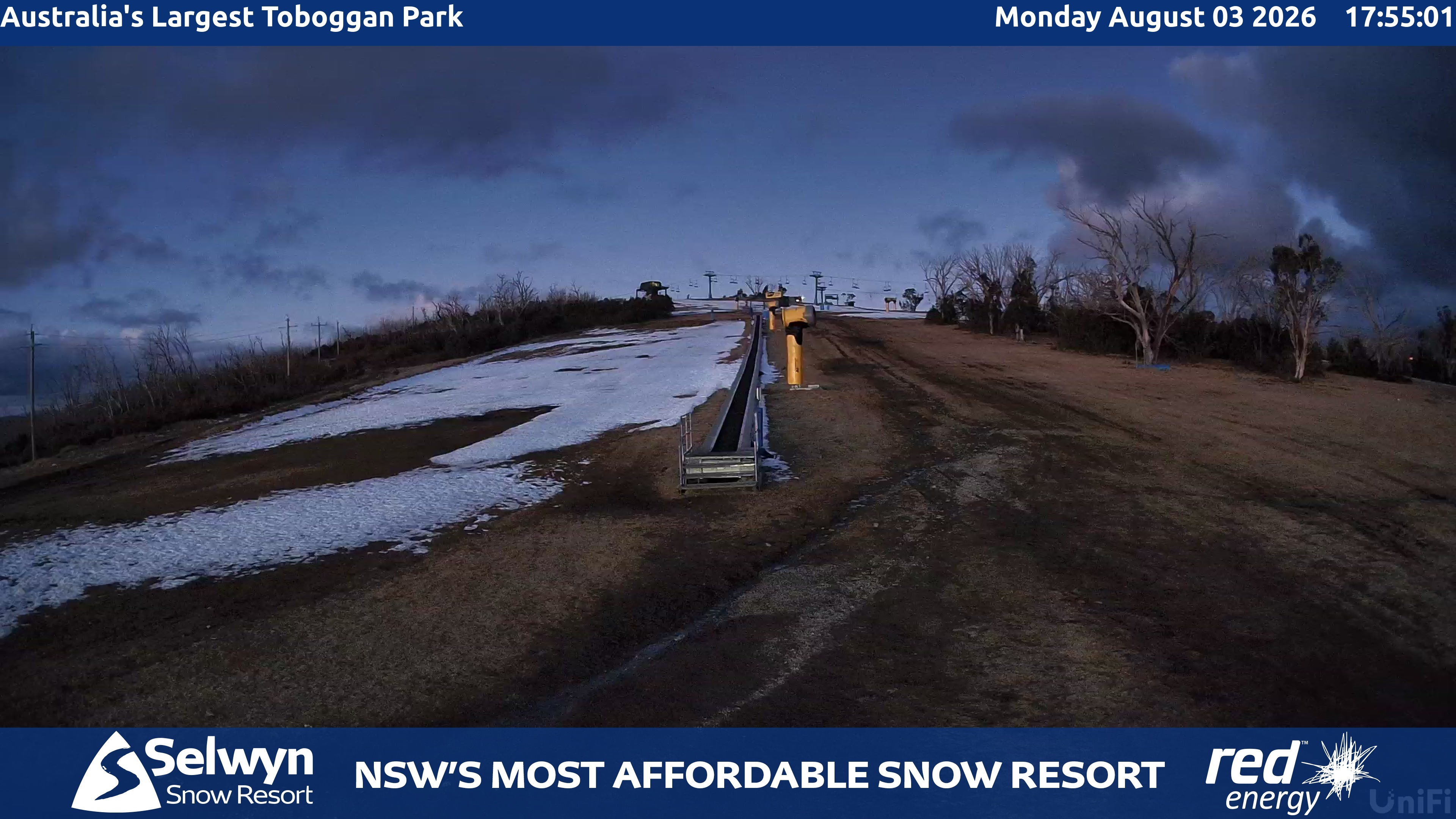 Selwyn Snow Resort Toboggan Park snow cam captured at 3 August 2026 at 5:55 pm AEST