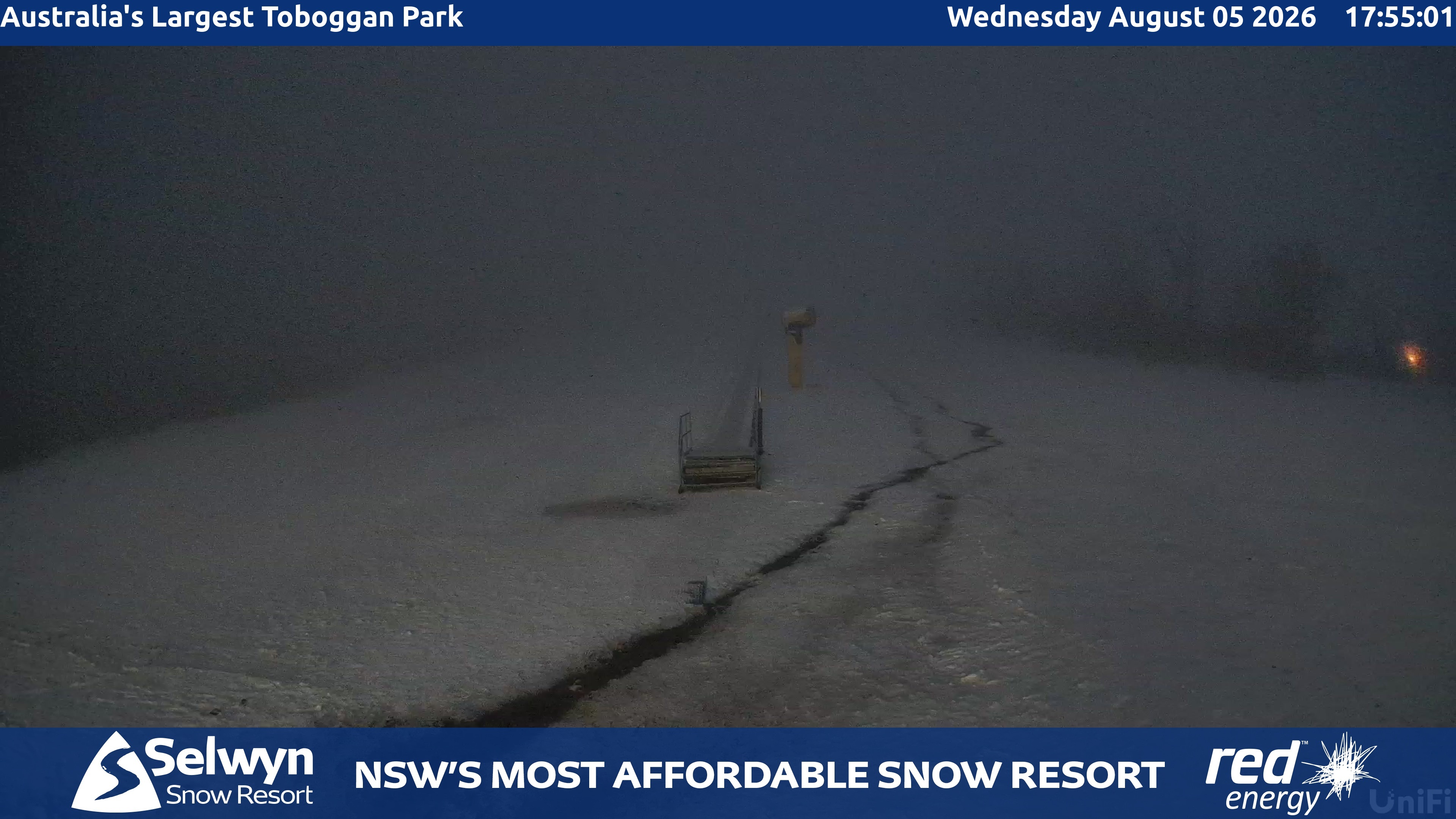 Selwyn Snow Resort Toboggan Park snow cam captured at 5 August 2026 at 5:59 pm AEST