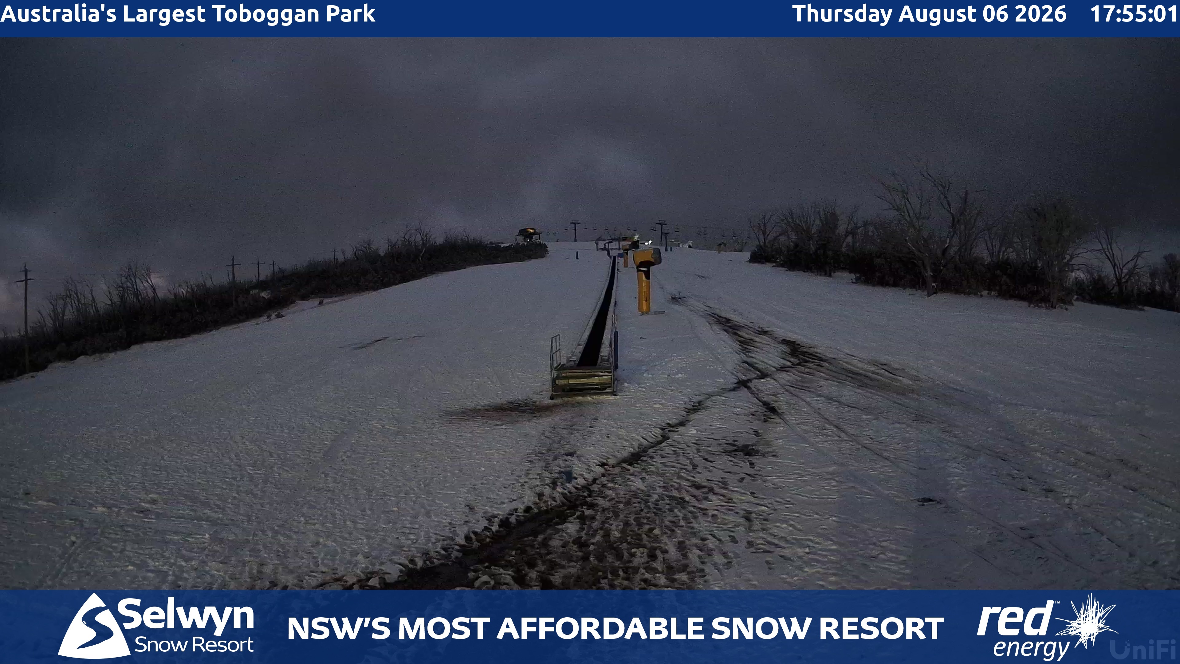 Selwyn Snow Resort Toboggan Park snow cam captured at 6 August 2026 at 6:03 pm AEST