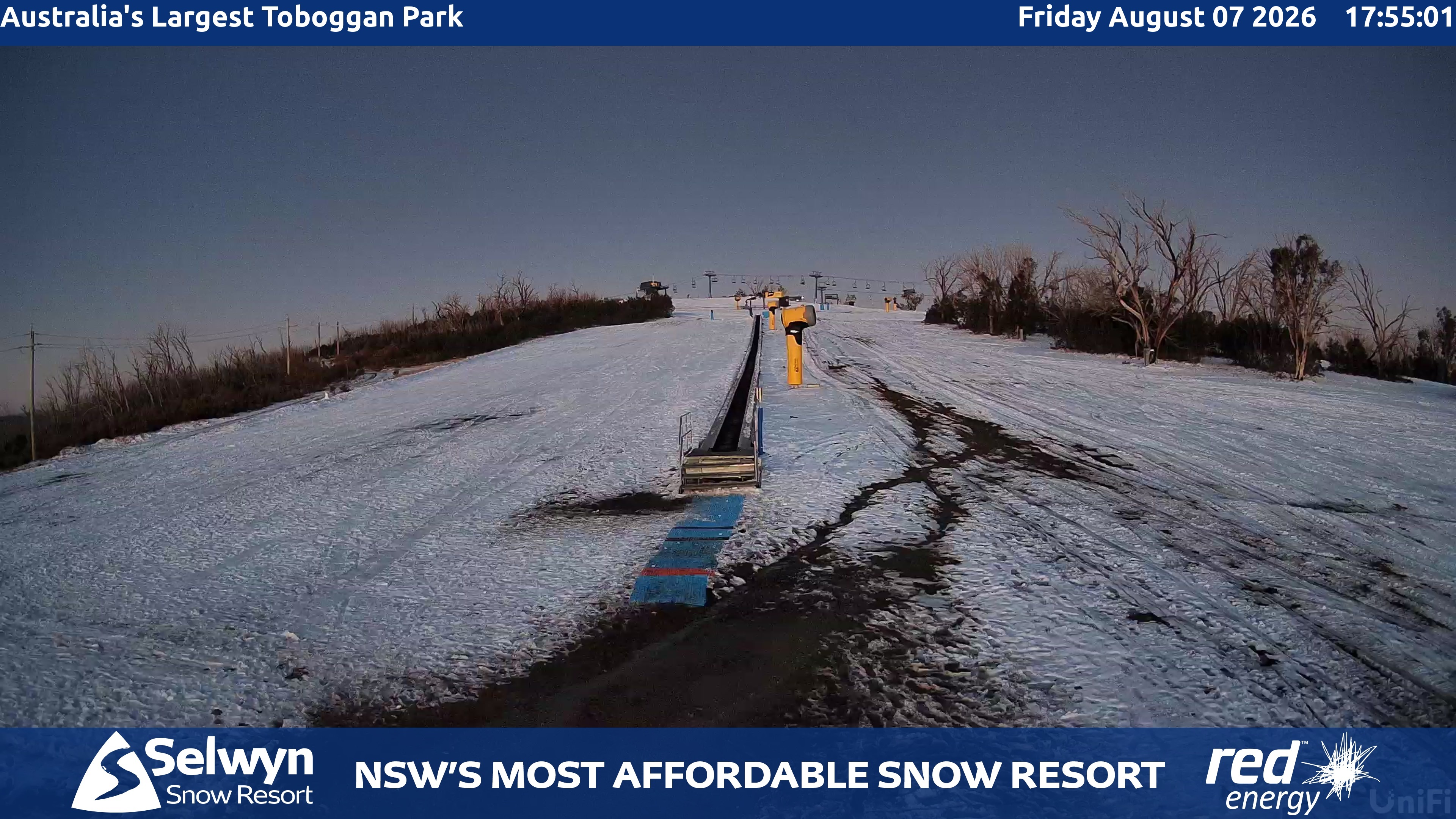 Selwyn Snow Resort Toboggan Park snow cam captured at 7 August 2026 at 6:04 pm AEST
