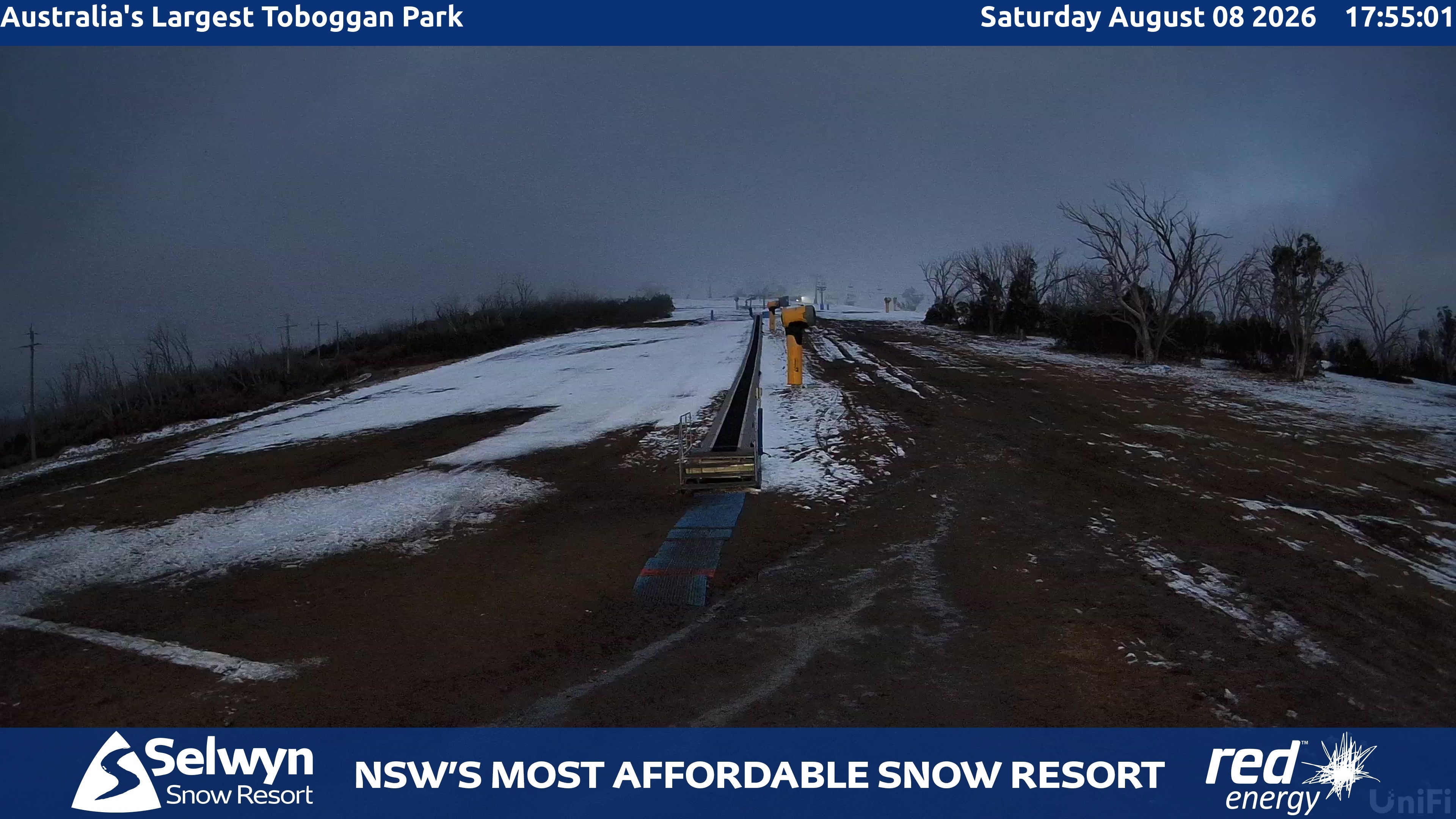 Selwyn Snow Resort Toboggan Park snow cam captured at 8 August 2026 at 5:55 pm AEST