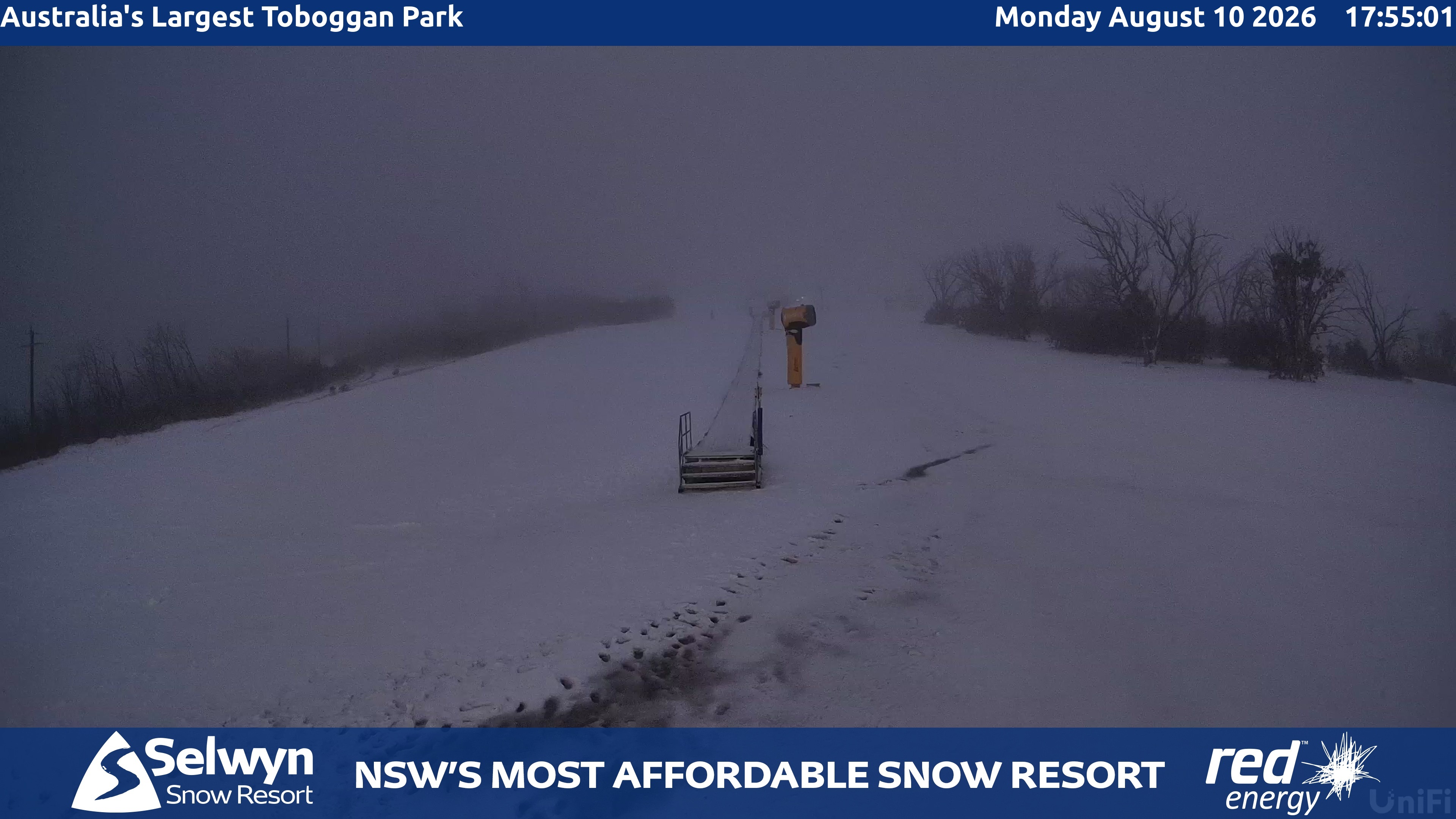 Selwyn Snow Resort Toboggan Park snow cam captured at 10 August 2026 at 5:58 pm AEST