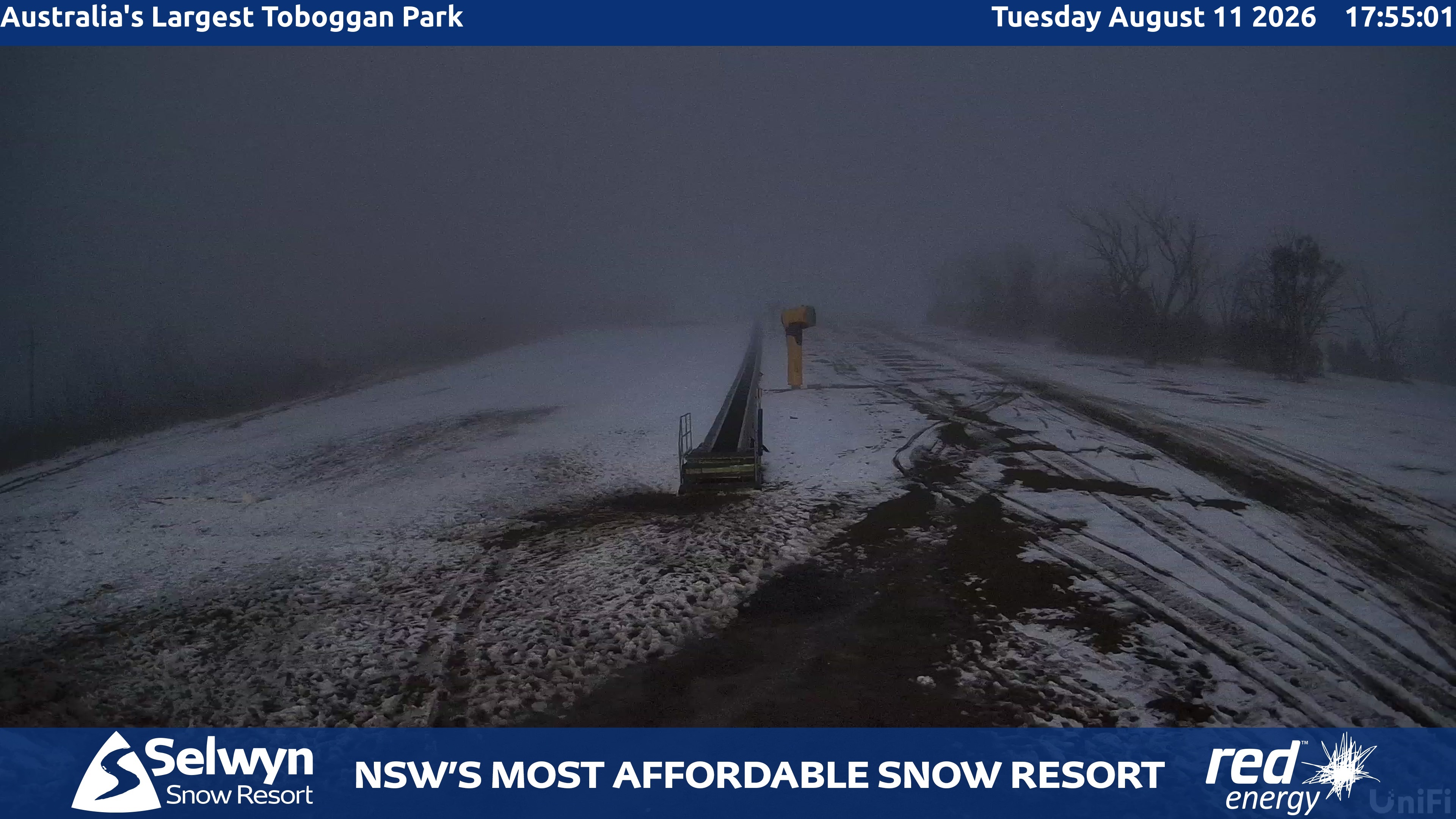 Selwyn Snow Resort Toboggan Park snow cam captured at 11 August 2026 at 6:00 pm AEST