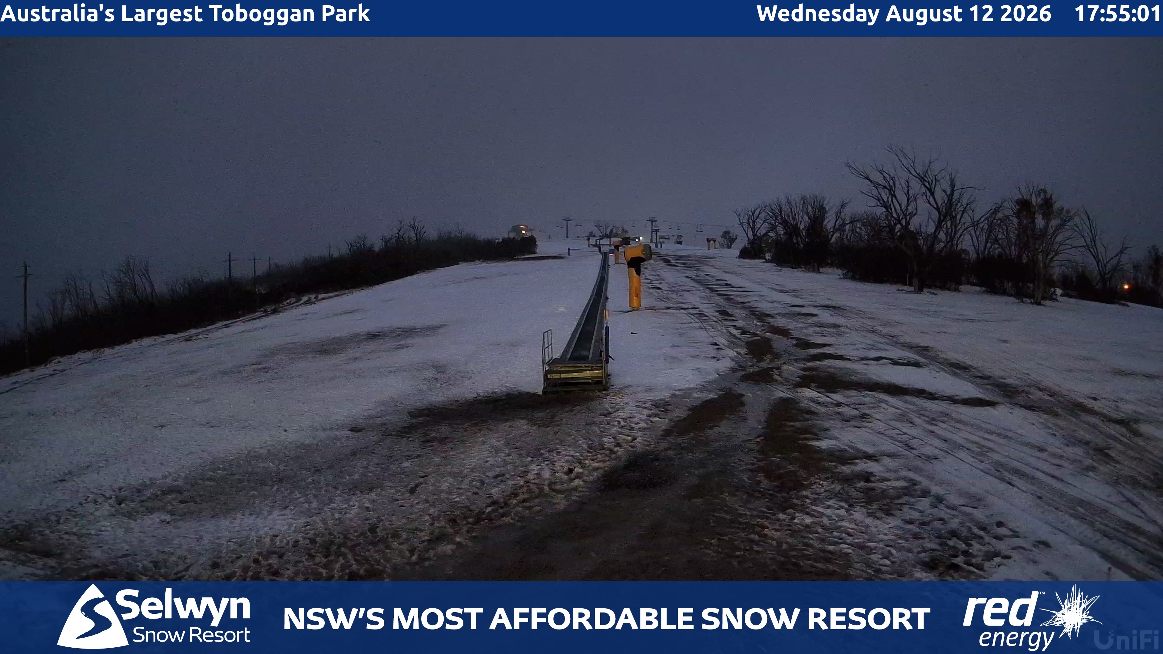 Selwyn Snow Resort Toboggan Park snow cam captured at 12 August 2026 at 6:05 pm AEST