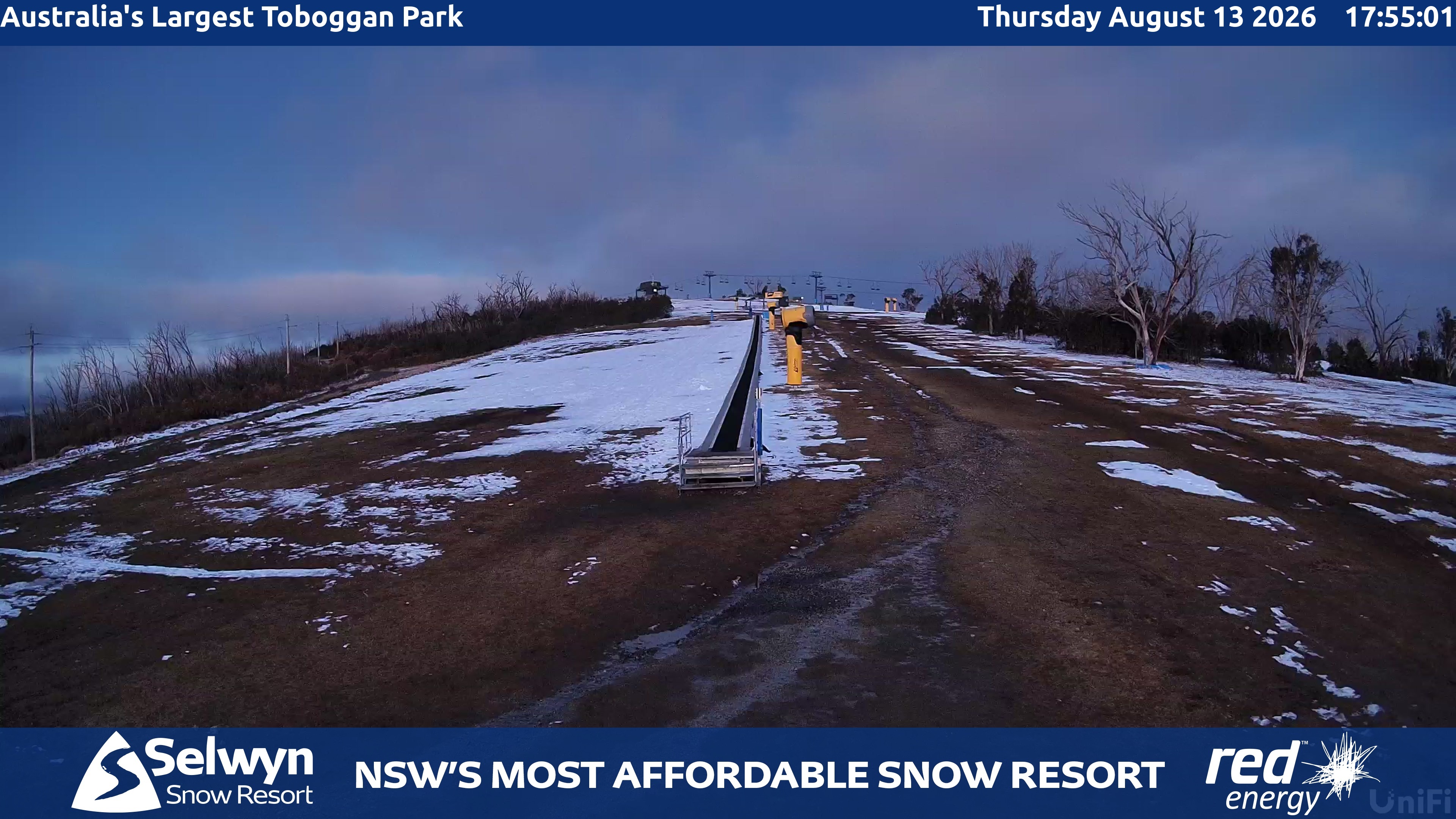 Selwyn Snow Resort Toboggan Park snow cam captured at 13 August 2026 at 5:57 pm AEST