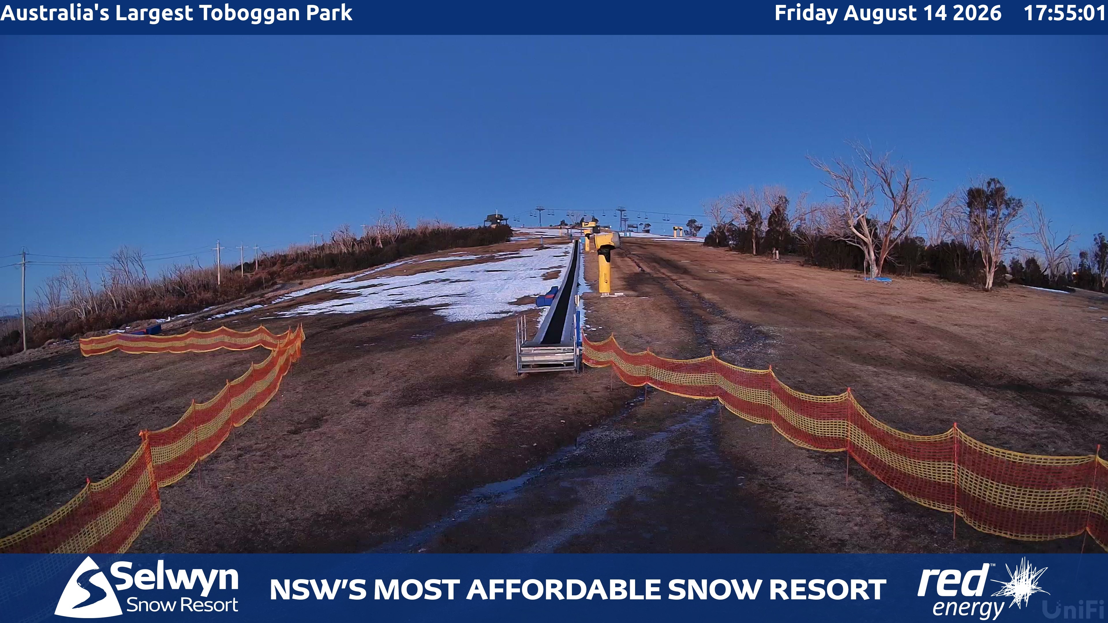 Selwyn Snow Resort Toboggan Park snow cam captured at 14 August 2026 at 6:00 pm AEST