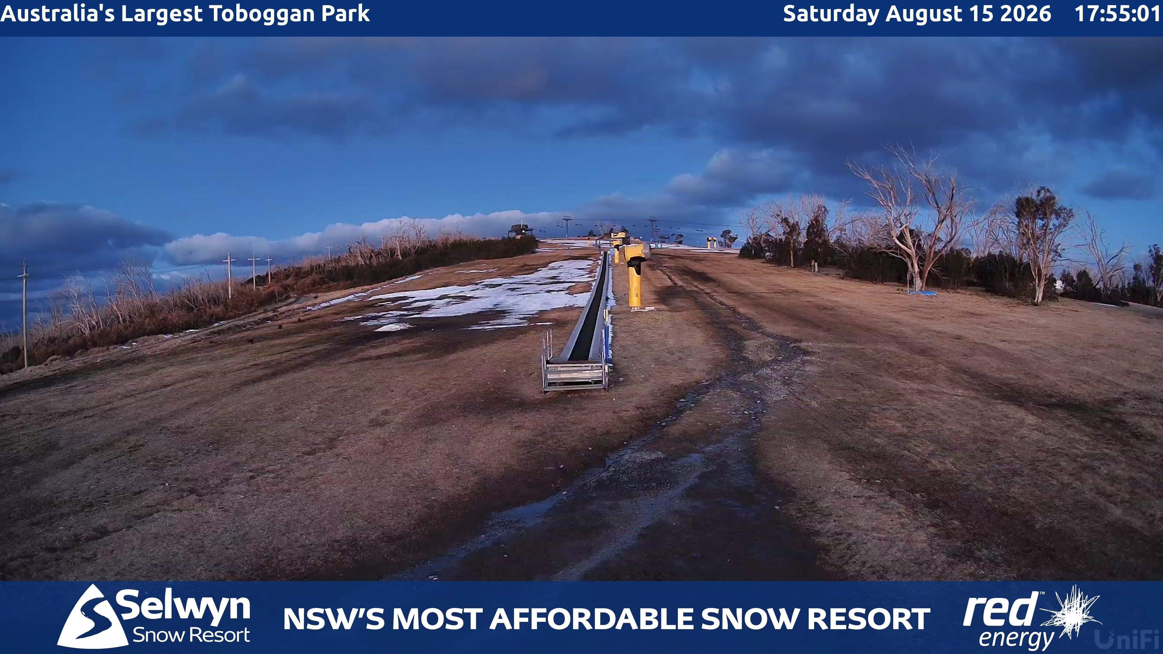 Selwyn Snow Resort Toboggan Park snow cam captured at 15 August 2026 at 6:05 pm AEST