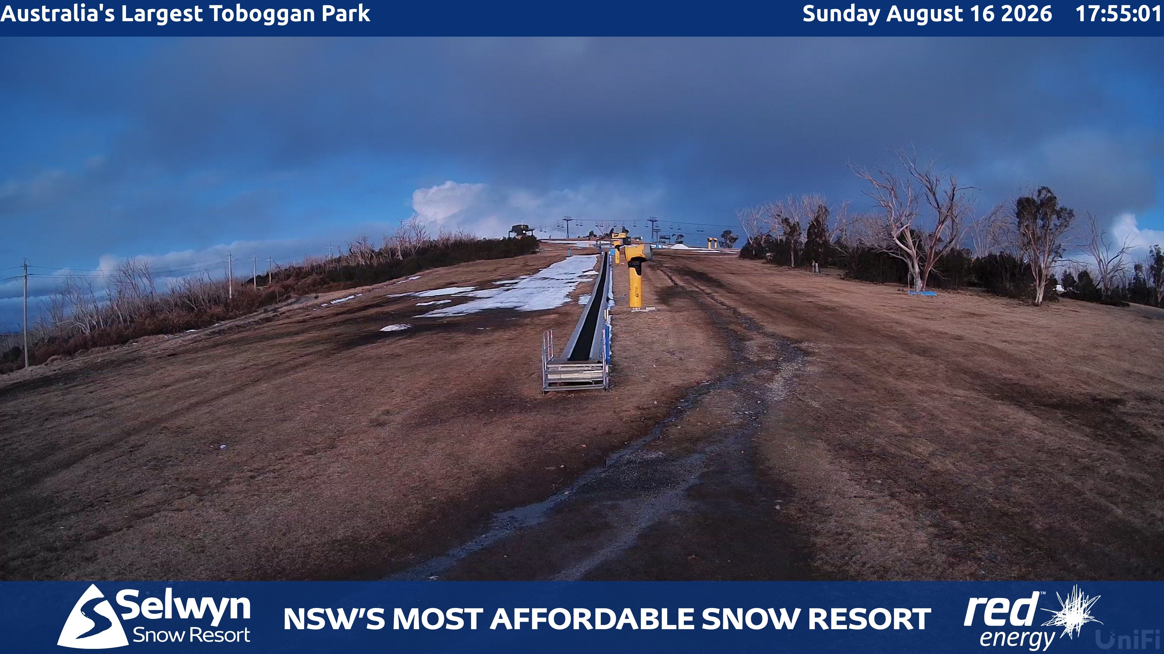 Selwyn Snow Resort Toboggan Park snow cam captured at 16 August 2026 at 5:58 pm AEST