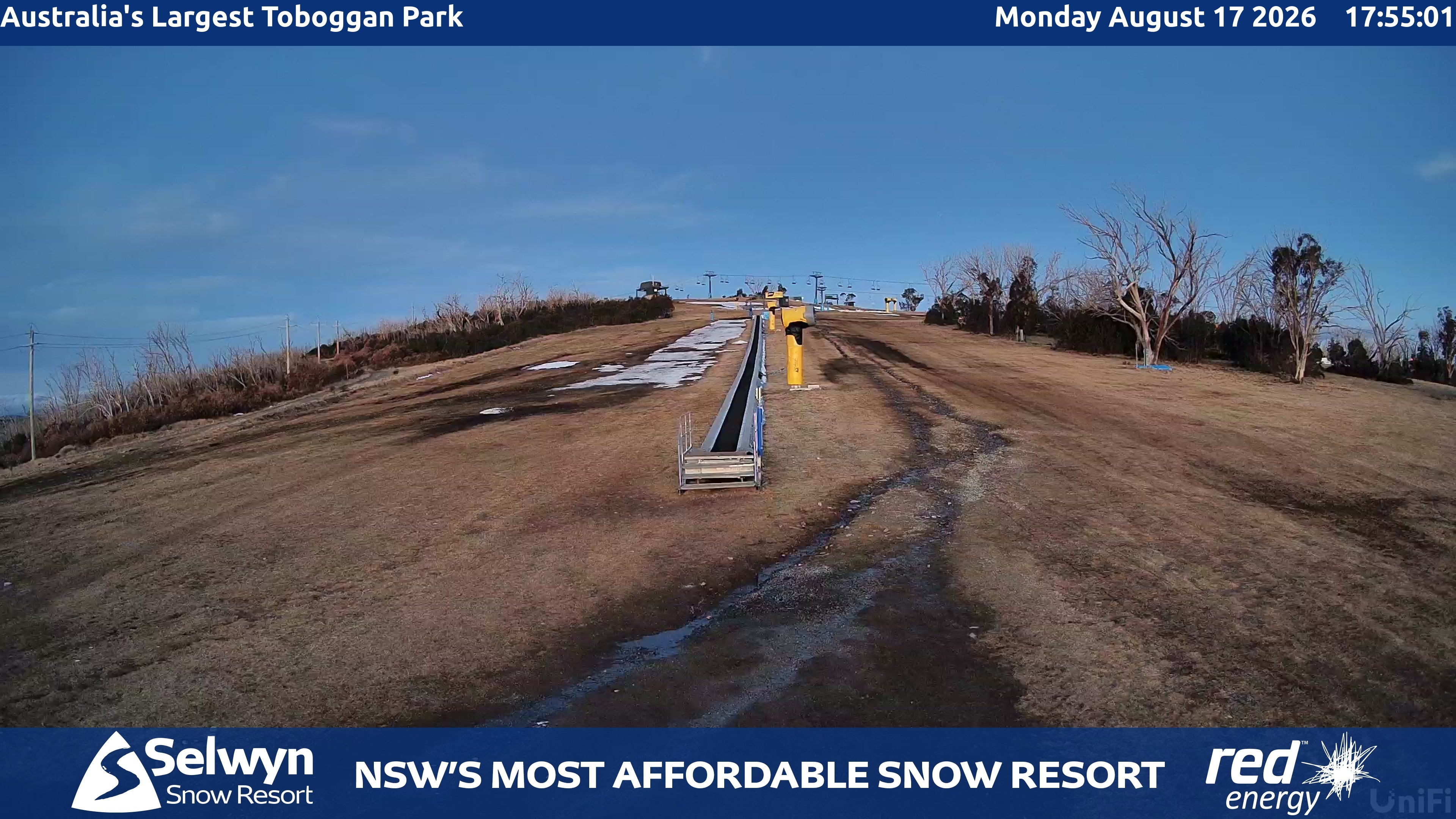Selwyn Snow Resort Toboggan Park snow cam captured at 17 August 2026 at 6:01 pm AEST