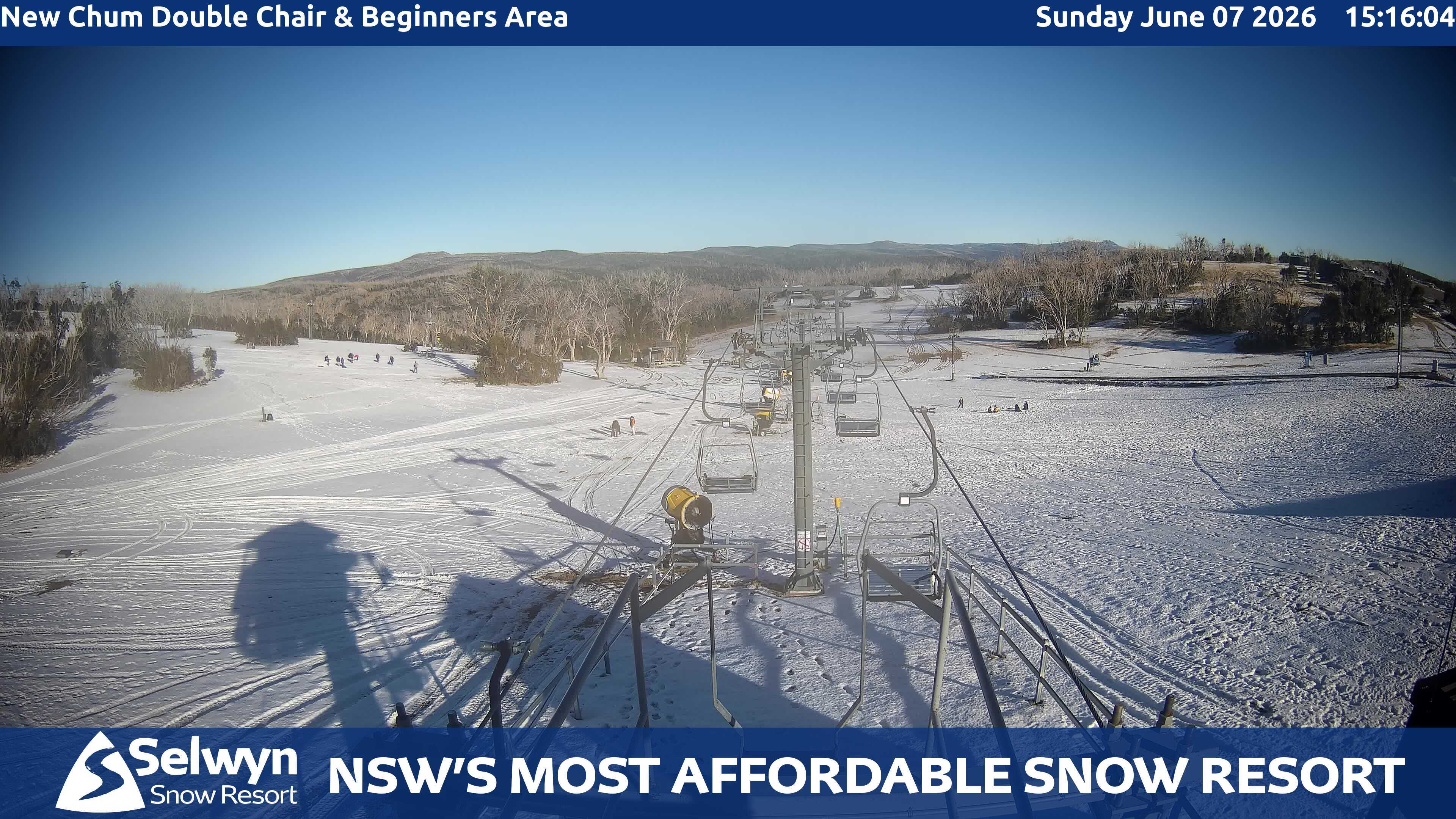 Selwyn Snow Resort New Chum Double Chair and Beginners Area snow cam captured at 7 June 2026, 5:21 am