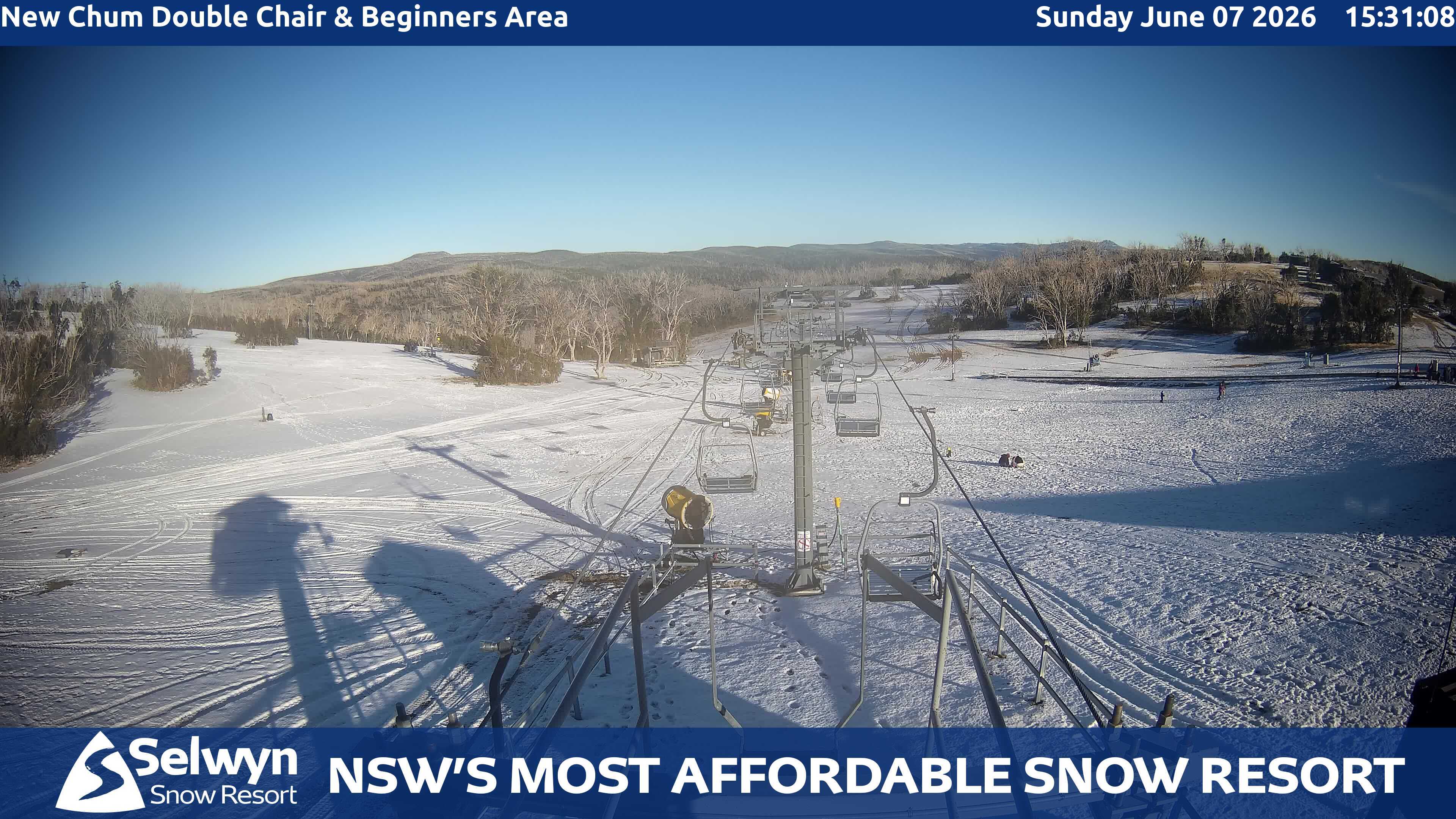 Selwyn Snow Resort New Chum Double Chair and Beginners Area snow cam captured at 7 June 2026, 5:31 am