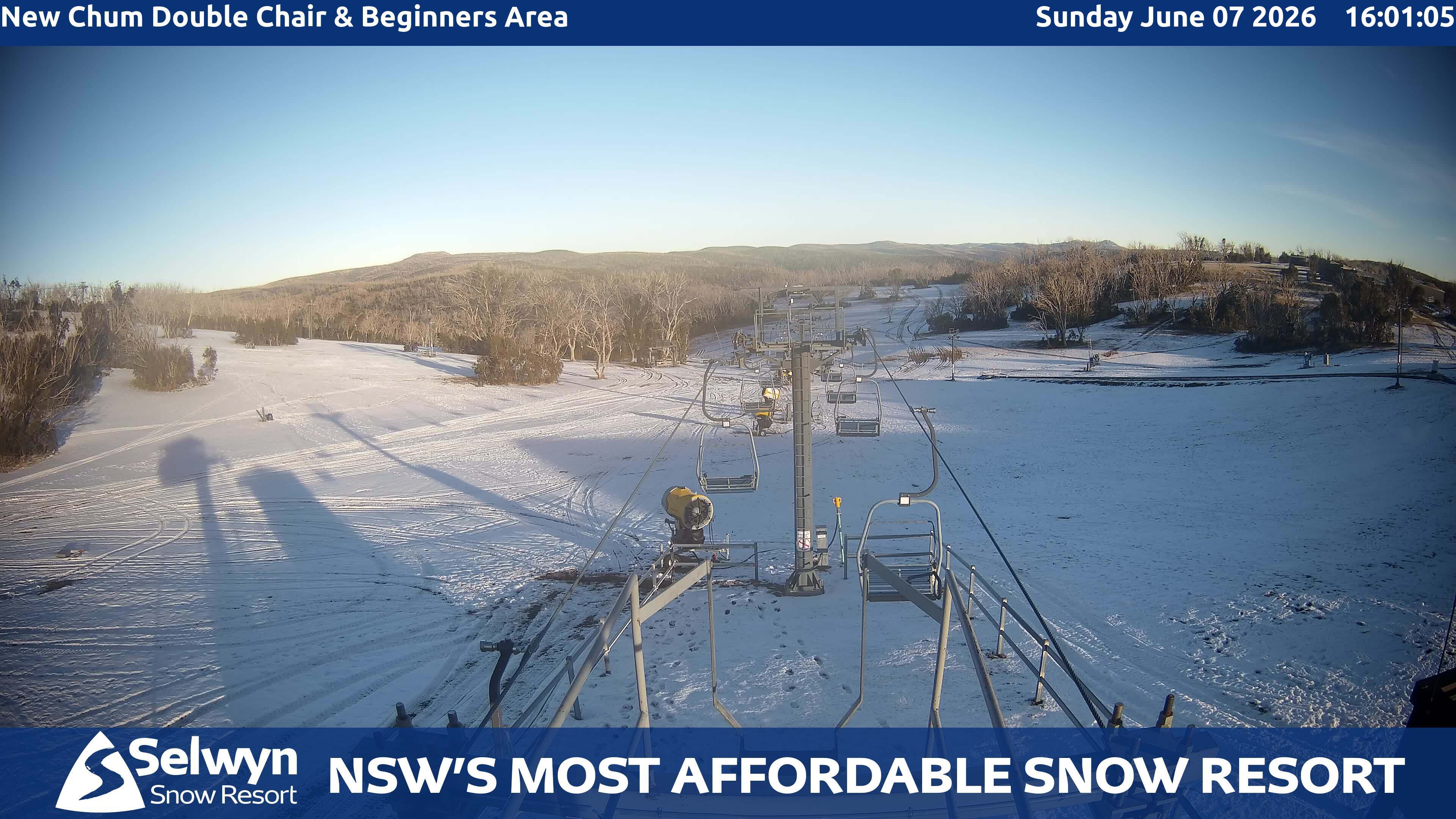 Selwyn Snow Resort New Chum Double Chair and Beginners Area snow cam captured at 7 June 2026, 6:04 am