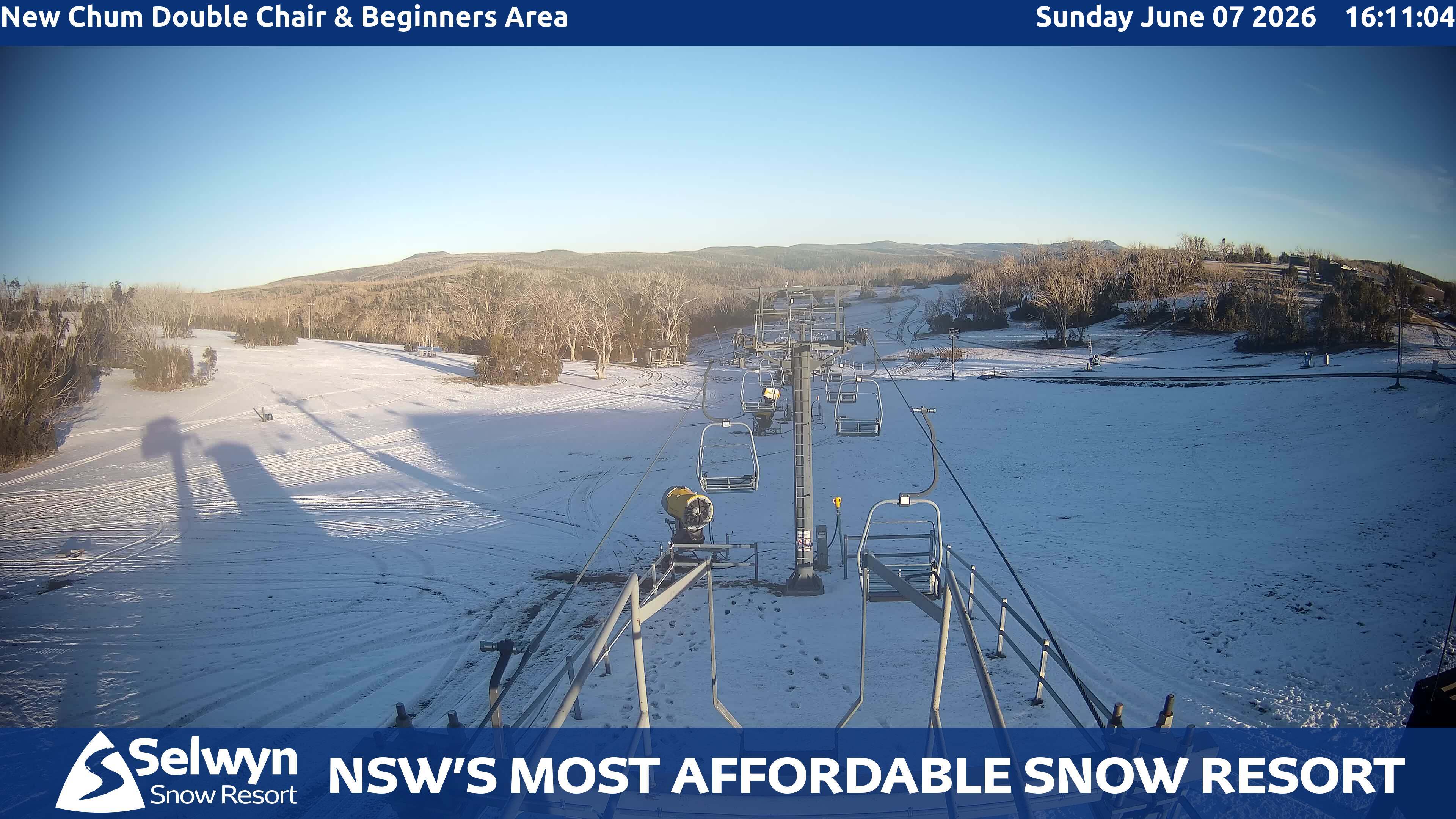 Selwyn Snow Resort New Chum Double Chair and Beginners Area snow cam captured at 7 June 2026, 6:15 am