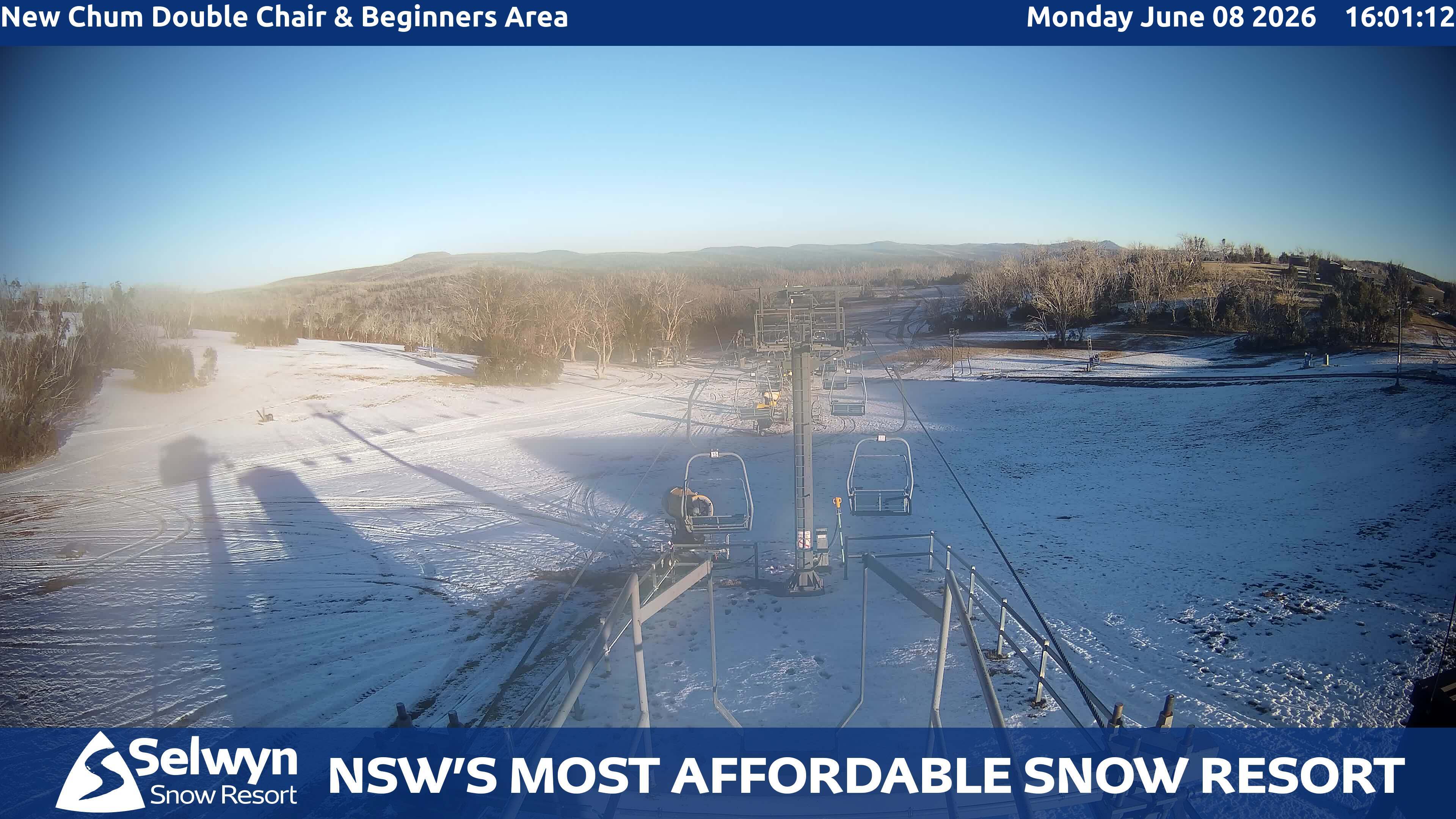 Selwyn Snow Resort New Chum Double Chair and Beginners Area snow cam captured at 8 June 2026, 6:07 am