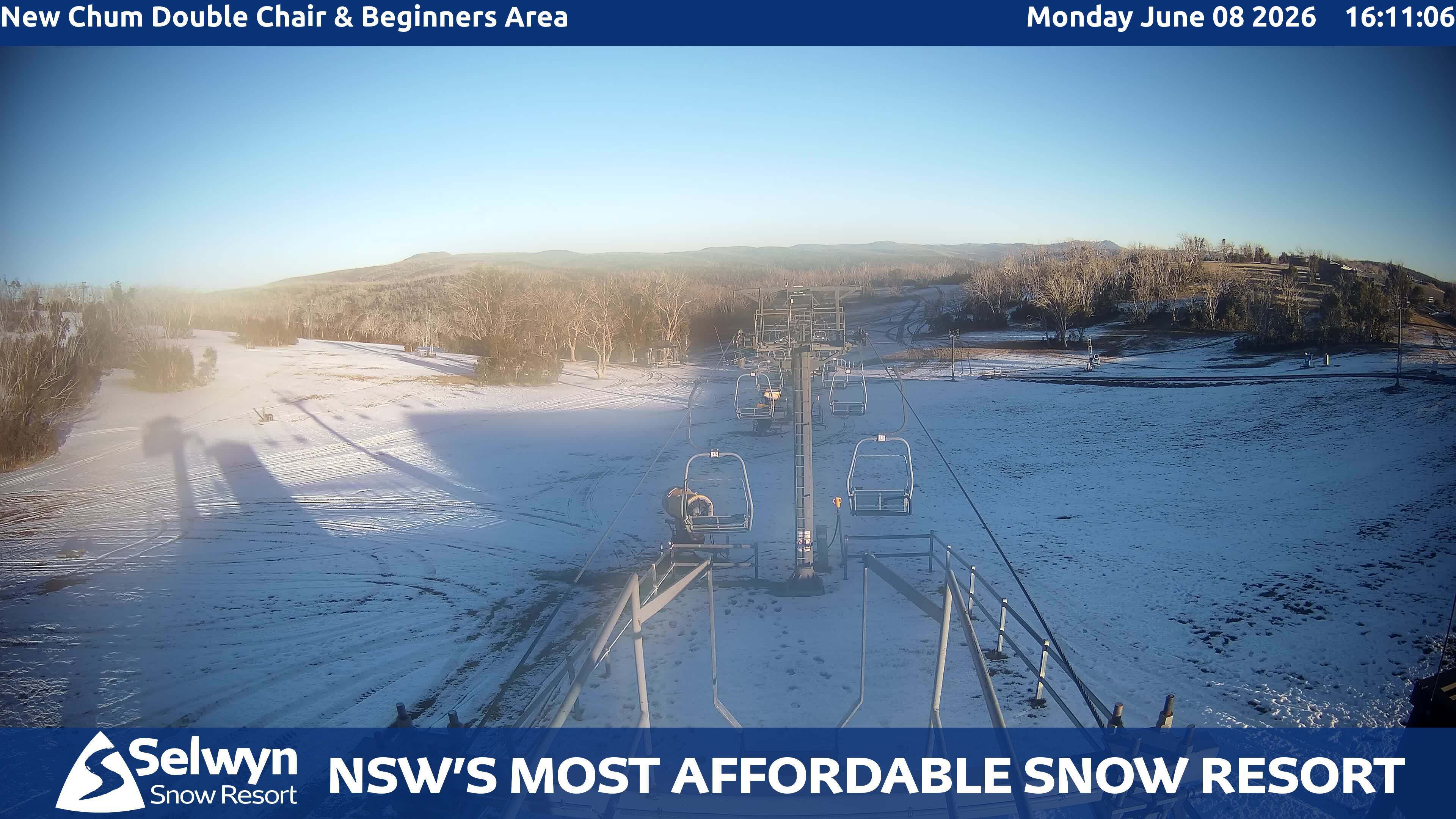 Selwyn Snow Resort New Chum Double Chair and Beginners Area snow cam captured at 8 June 2026, 6:13 am