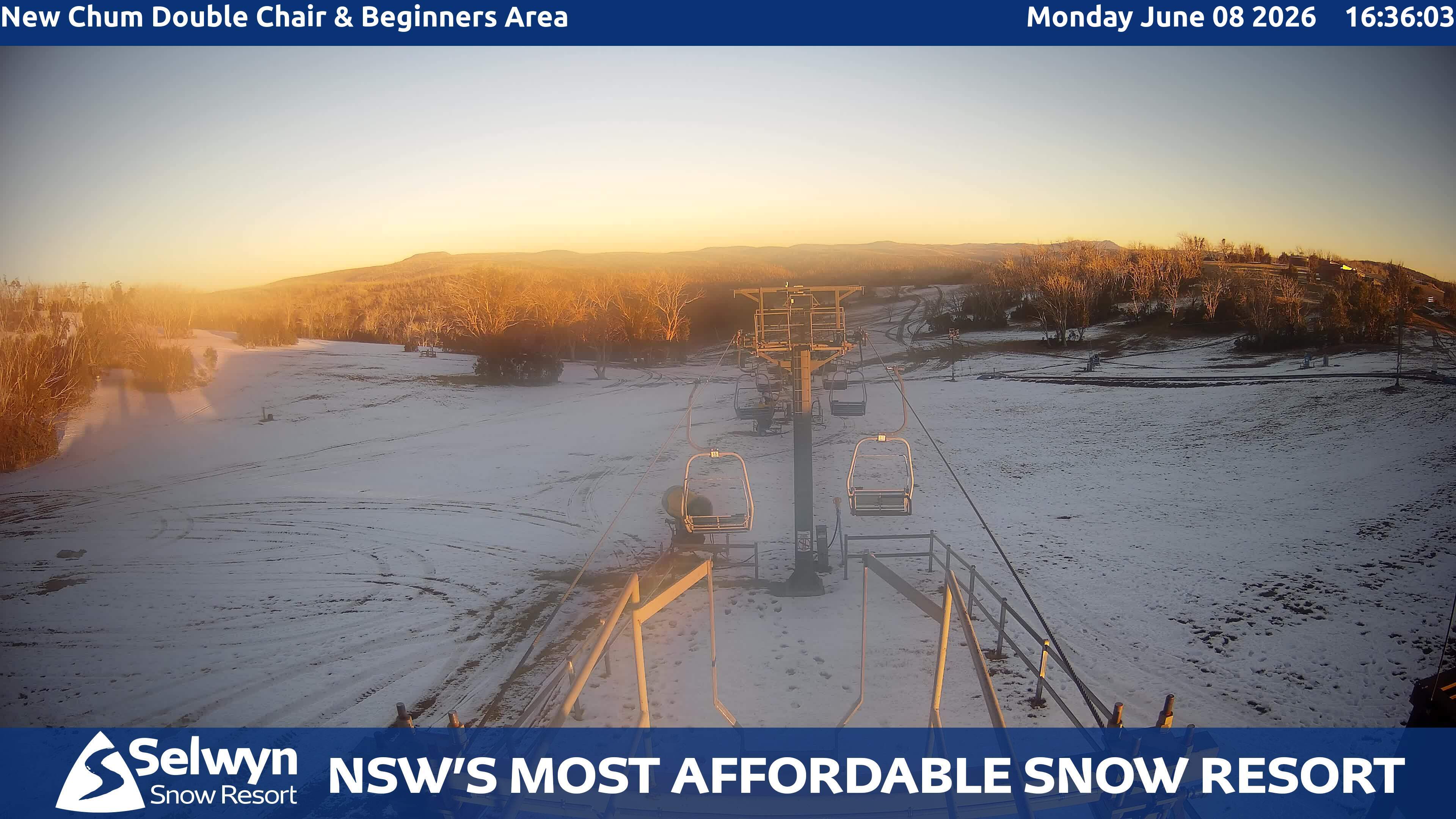 Selwyn Snow Resort New Chum Double Chair and Beginners Area snow cam captured at 8 June 2026, 6:37 am