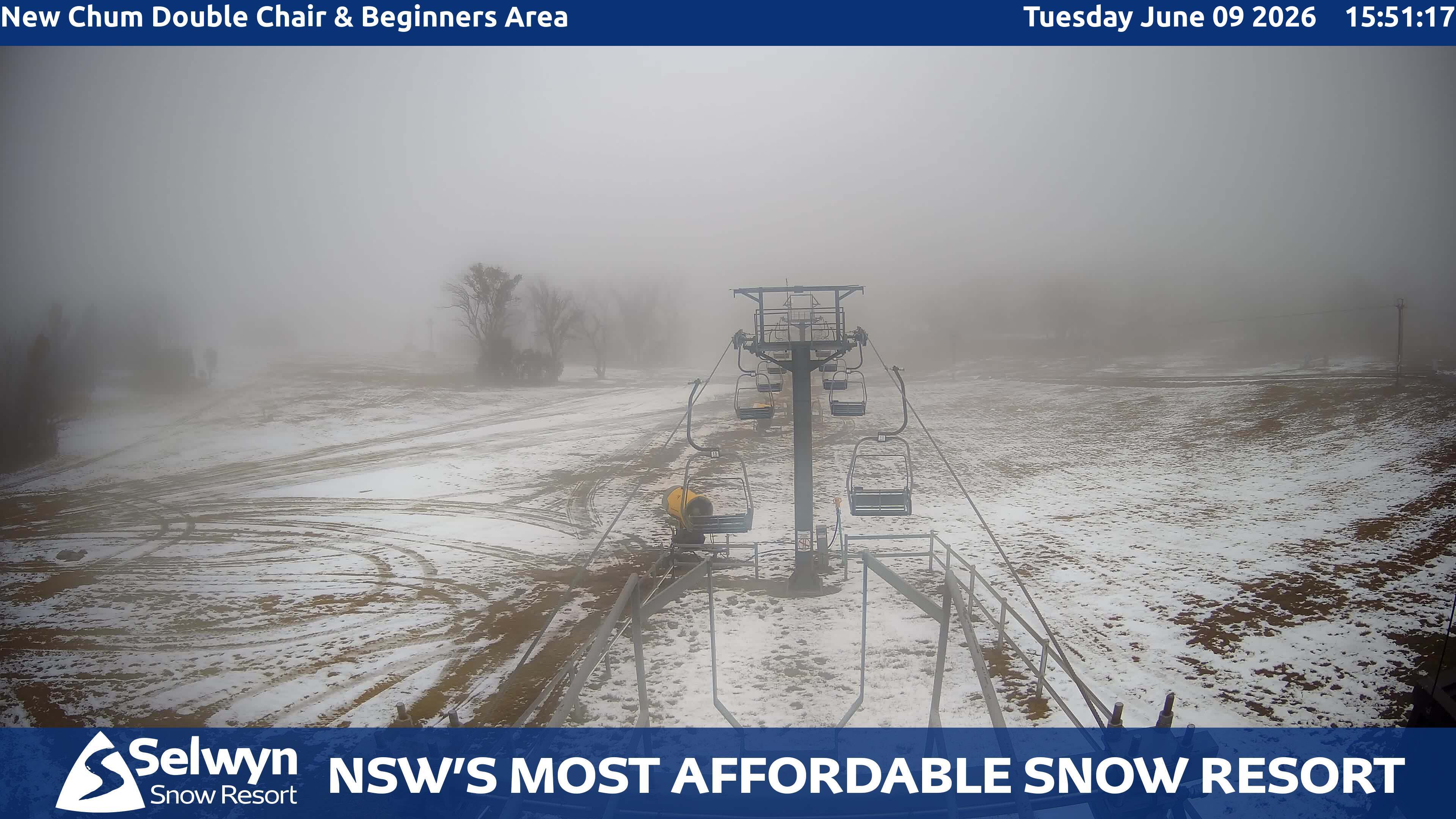 Selwyn Snow Resort New Chum Double Chair and Beginners Area snow cam captured at 9 June 2026, 5:56 am