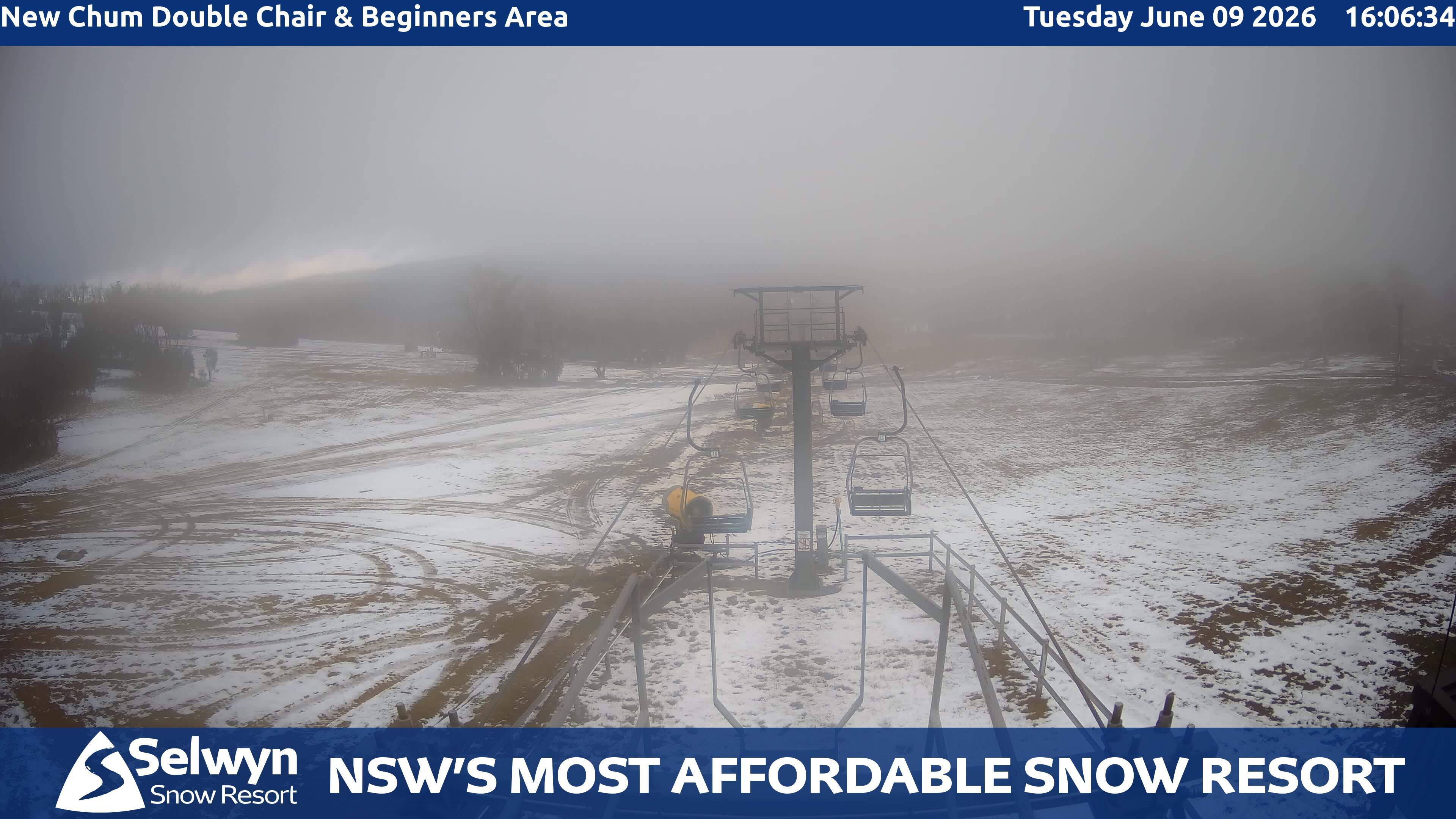 Selwyn Snow Resort New Chum Double Chair and Beginners Area snow cam captured at 9 June 2026, 6:10 am