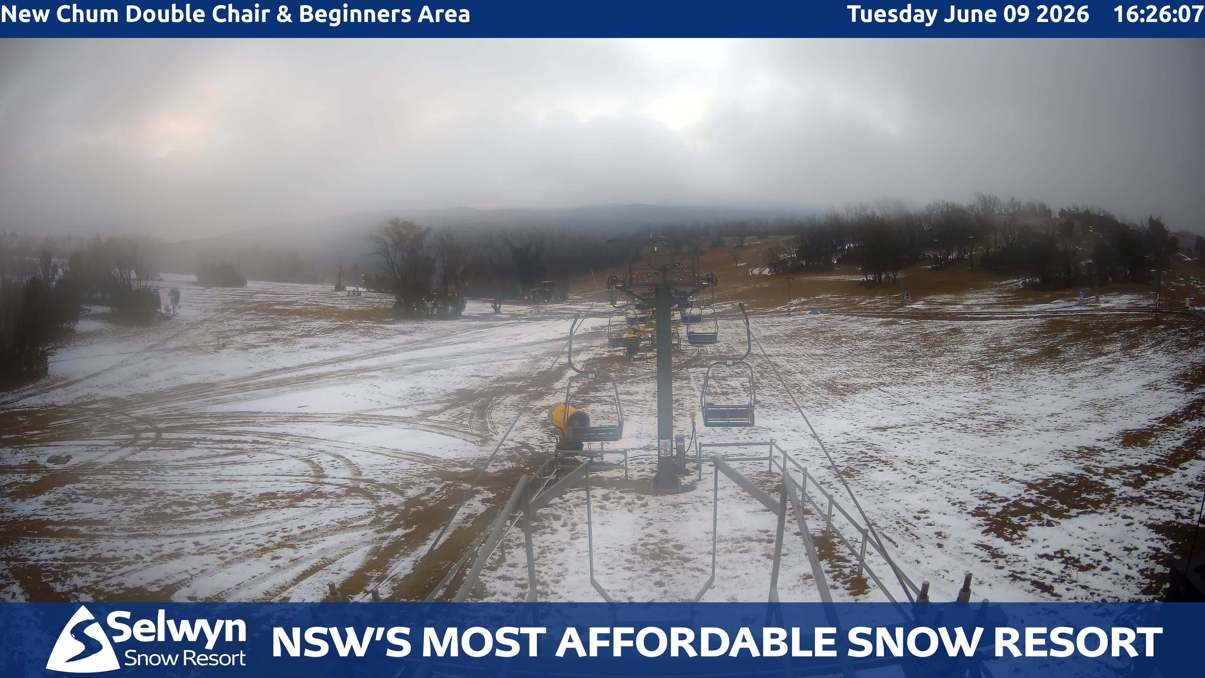 Selwyn Snow Resort New Chum Double Chair and Beginners Area snow cam captured at 9 June 2026, 6:28 am